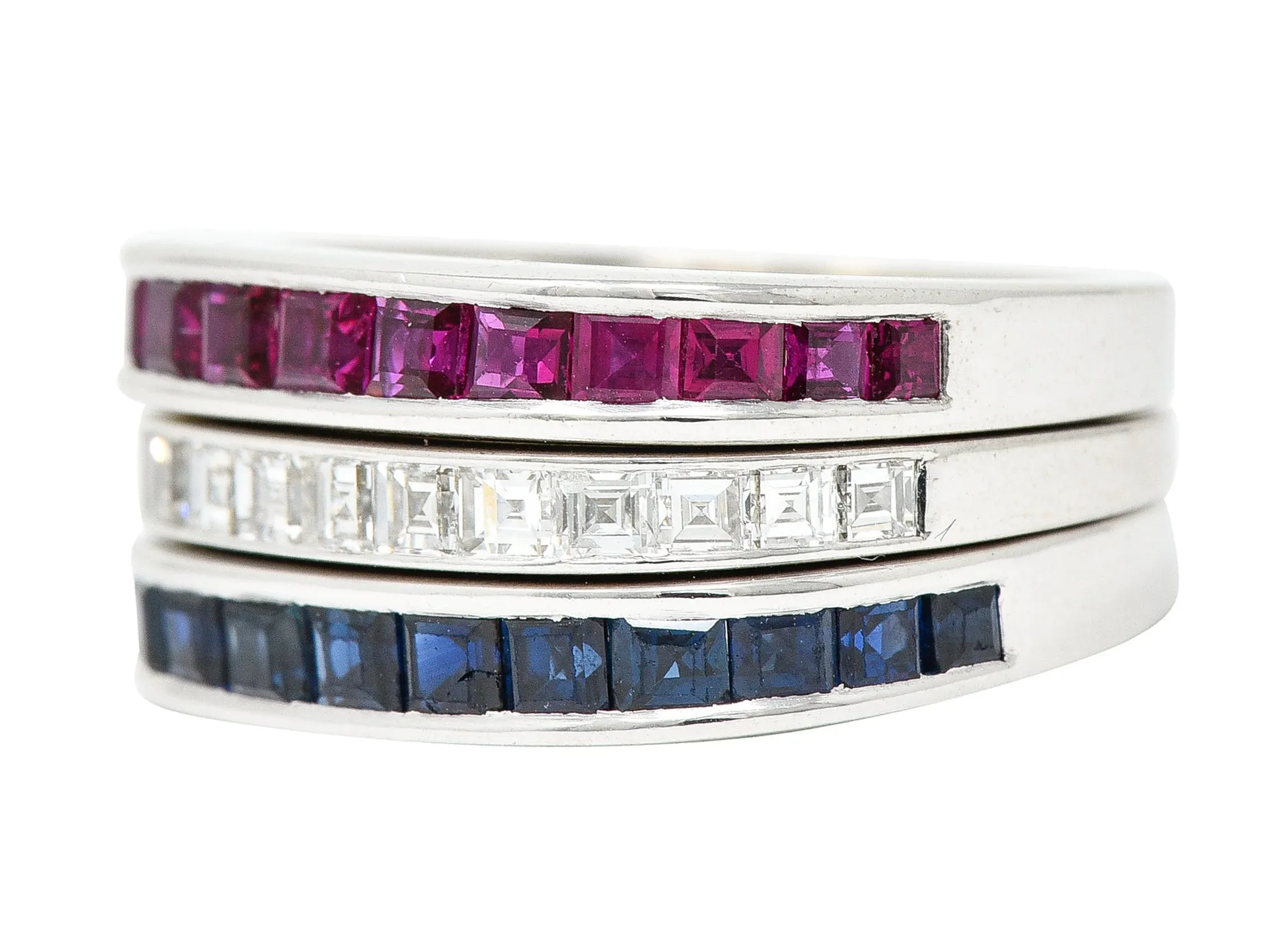 1950's Mid-Century 2.80 CTW Sapphire Ruby Diamond 18 Karat White Gold Three Channel Band Vintage Rings