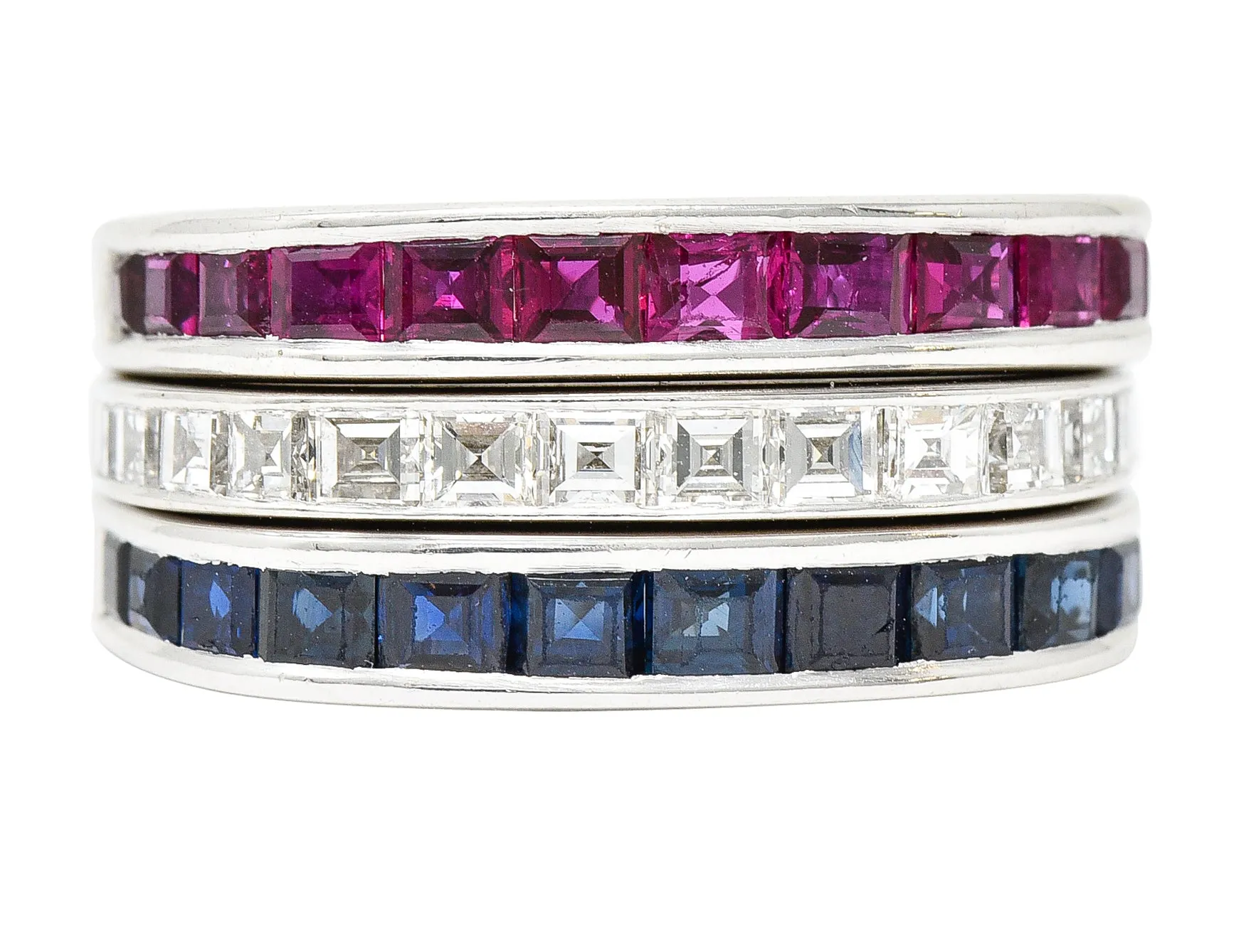 1950's Mid-Century 2.80 CTW Sapphire Ruby Diamond 18 Karat White Gold Three Channel Band Vintage Rings