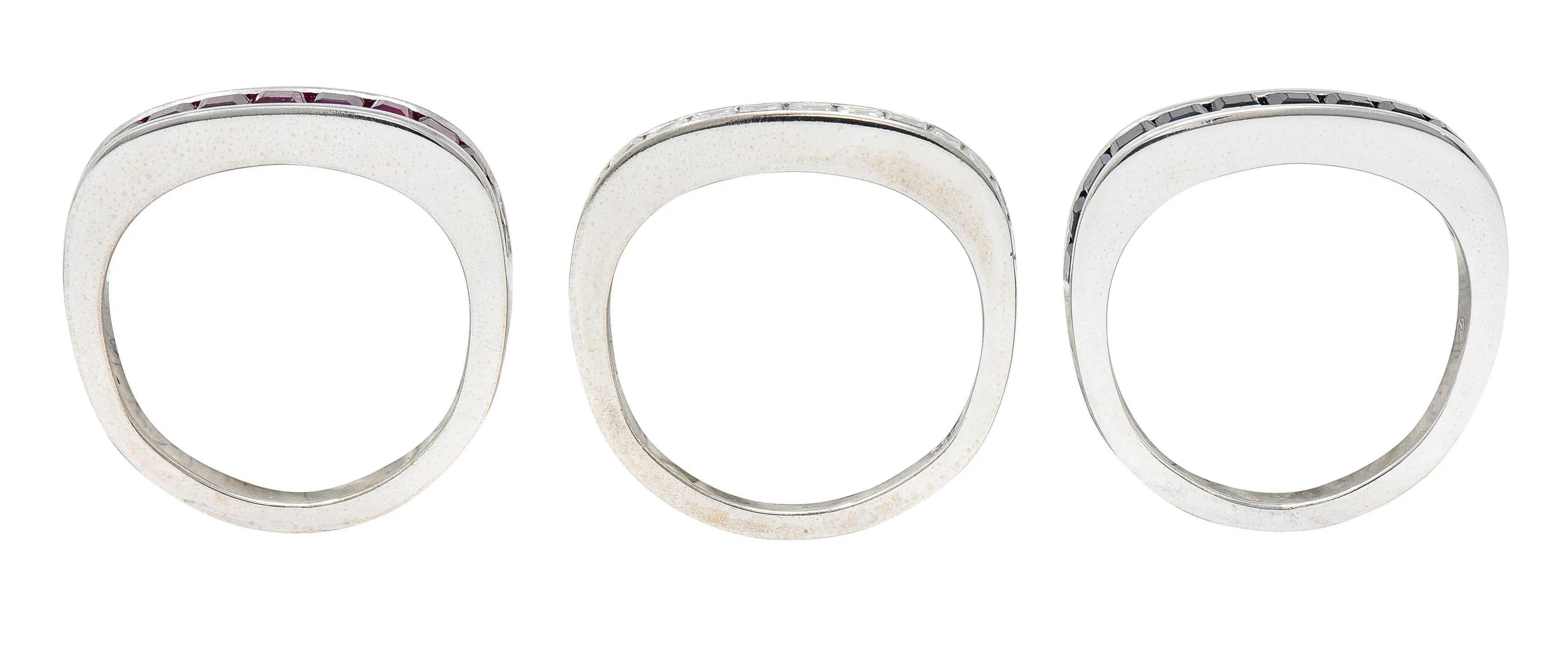 1950's Mid-Century 2.80 CTW Sapphire Ruby Diamond 18 Karat White Gold Three Channel Band Vintage Rings