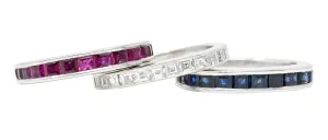 1950's Mid-Century 2.80 CTW Sapphire Ruby Diamond 18 Karat White Gold Three Channel Band Vintage Rings