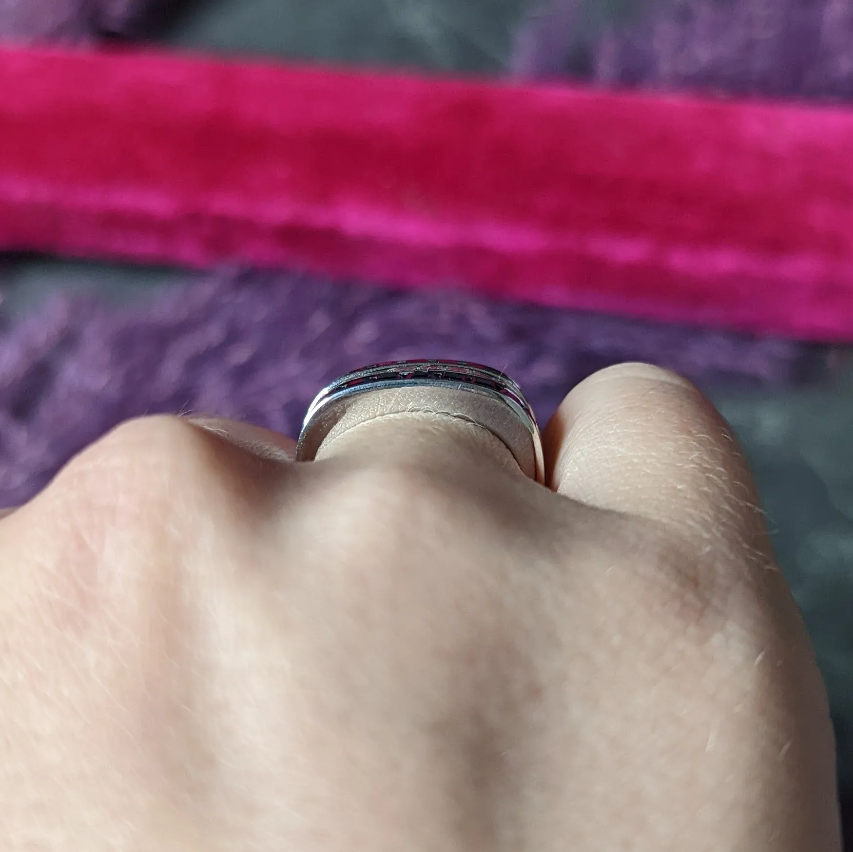 1950's Mid-Century 2.80 CTW Sapphire Ruby Diamond 18 Karat White Gold Three Channel Band Vintage Rings