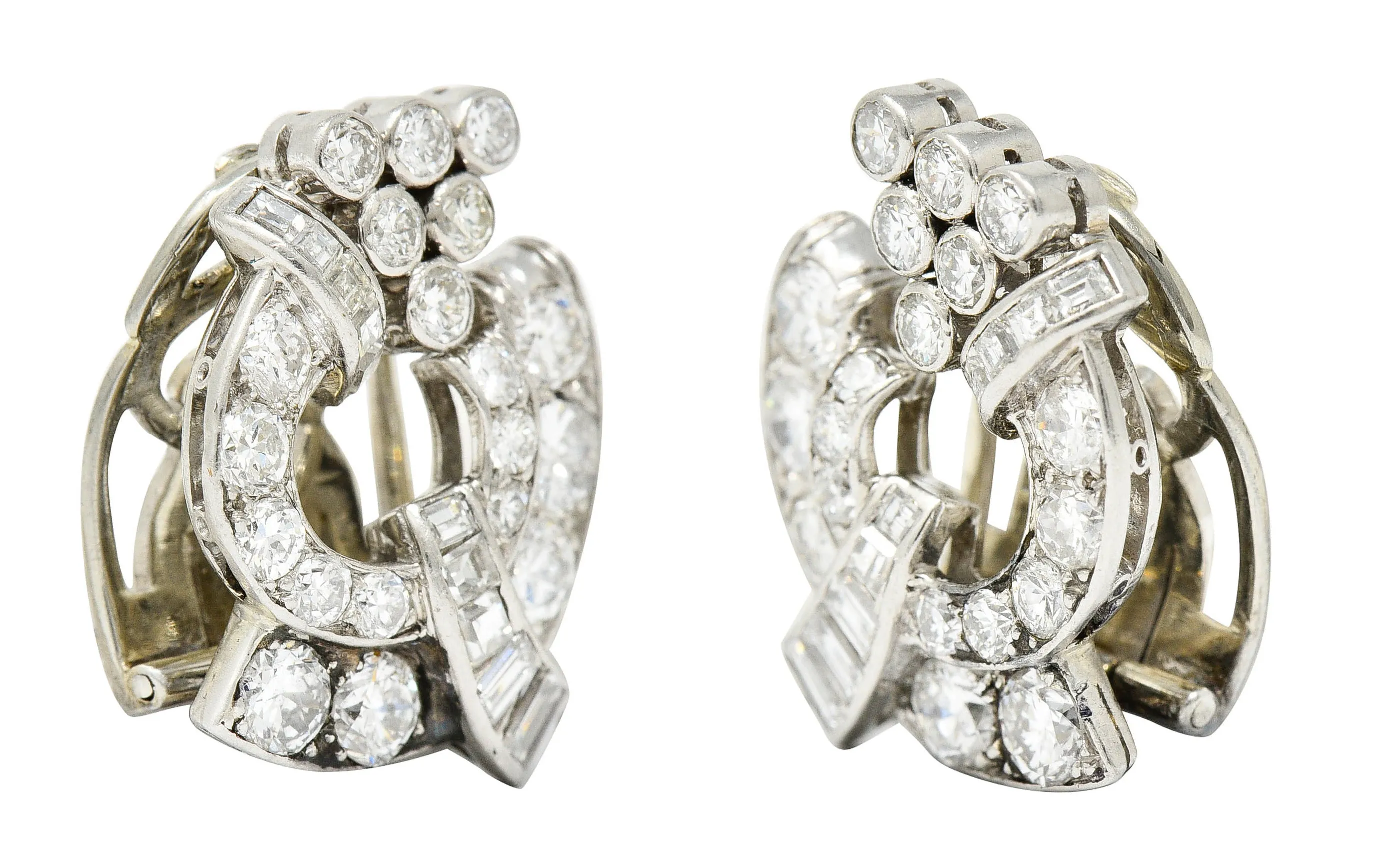 1950's Mid-Century 3.07 CTW Diamond Platinum Ear-Clip Earrings
