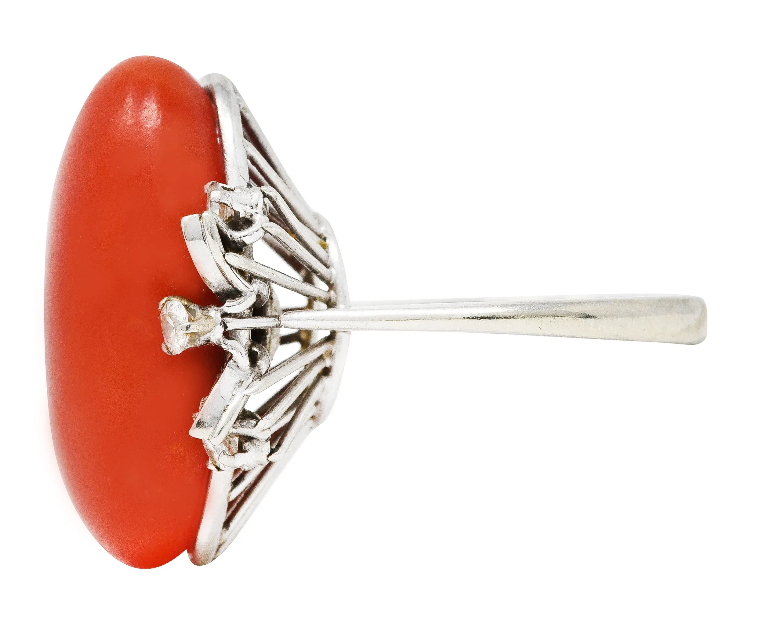 1950's Mid-Century Red Coral Diamond 18 Karat White Gold Cocktail Ring