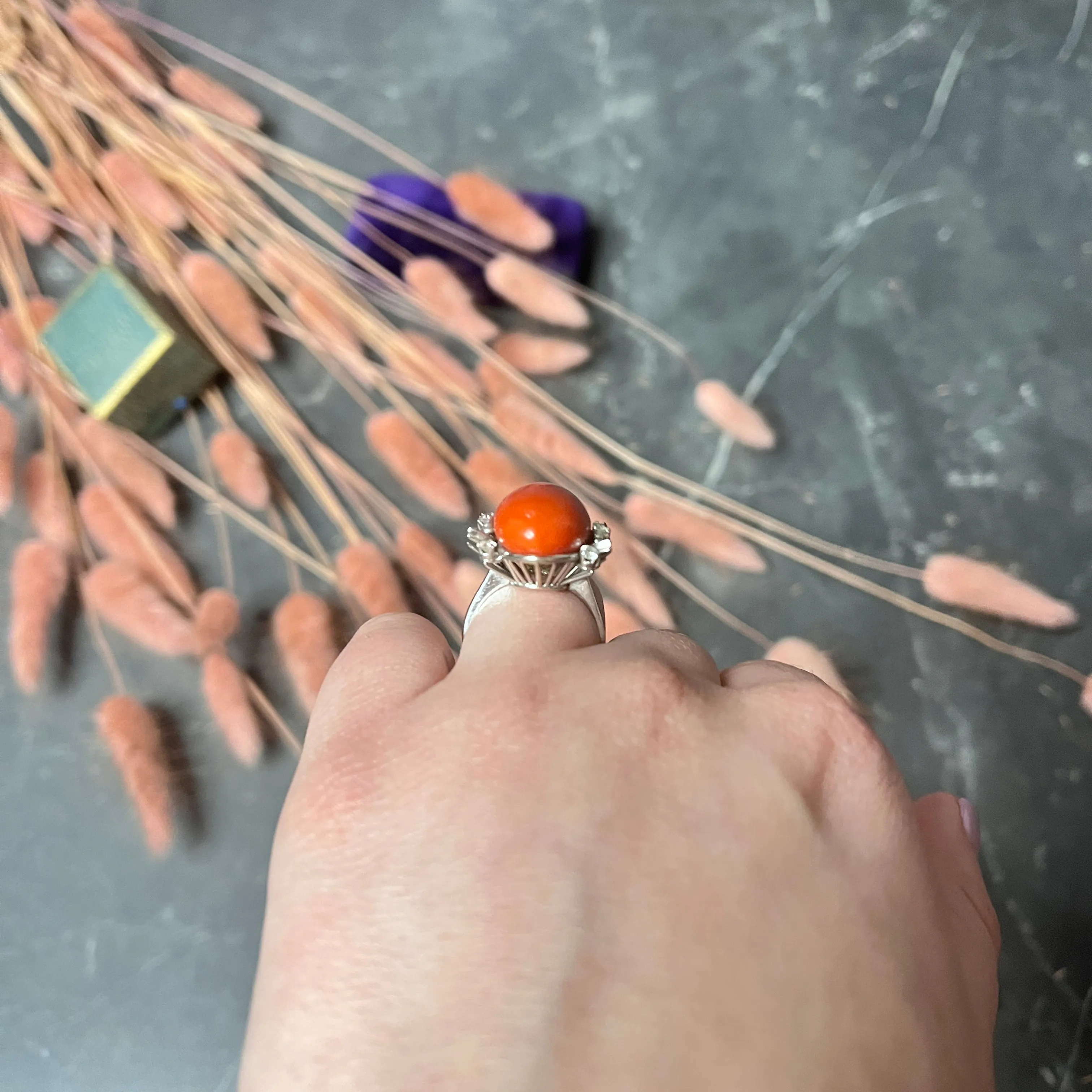 1950's Mid-Century Red Coral Diamond 18 Karat White Gold Cocktail Ring