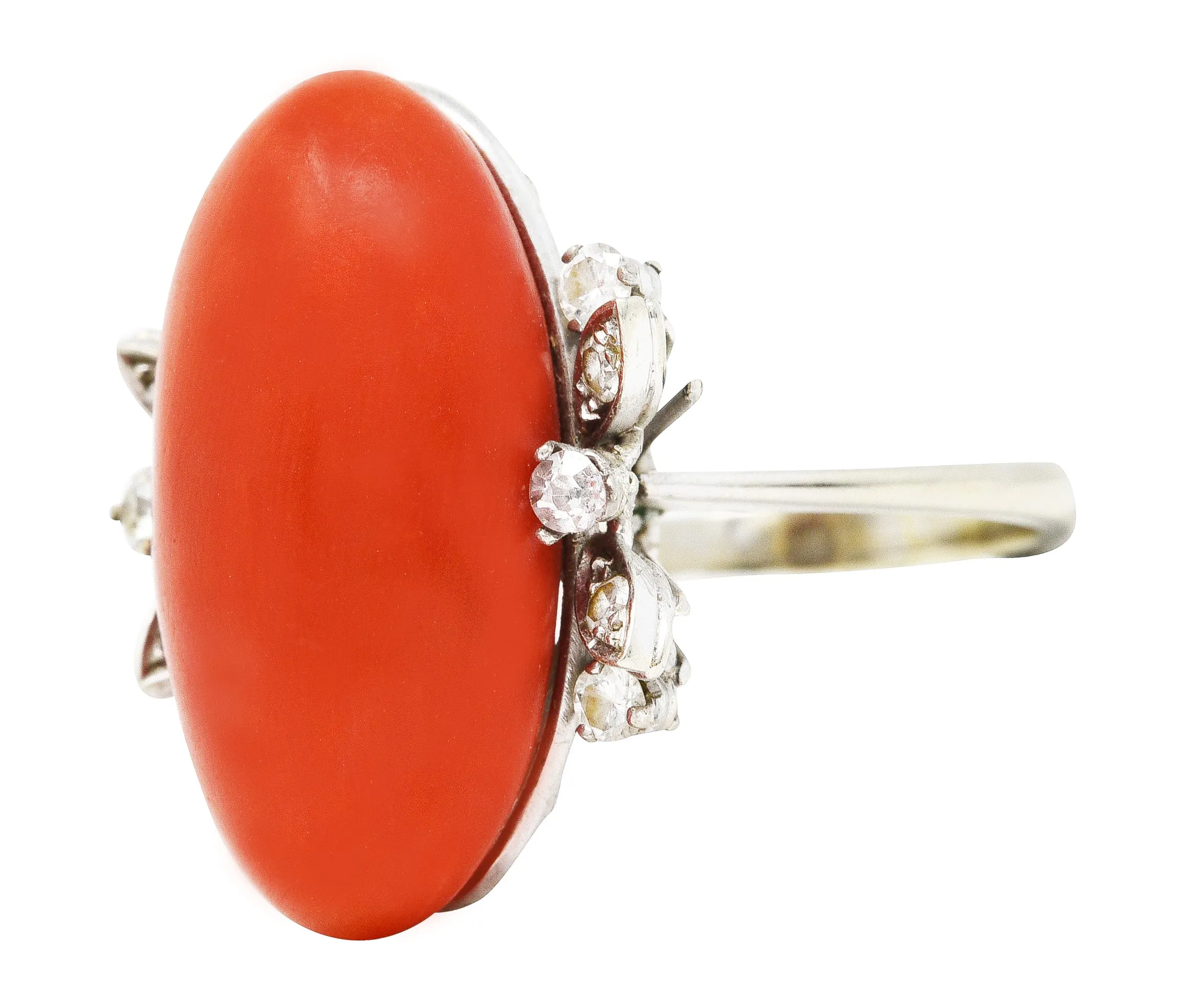 1950's Mid-Century Red Coral Diamond 18 Karat White Gold Cocktail Ring