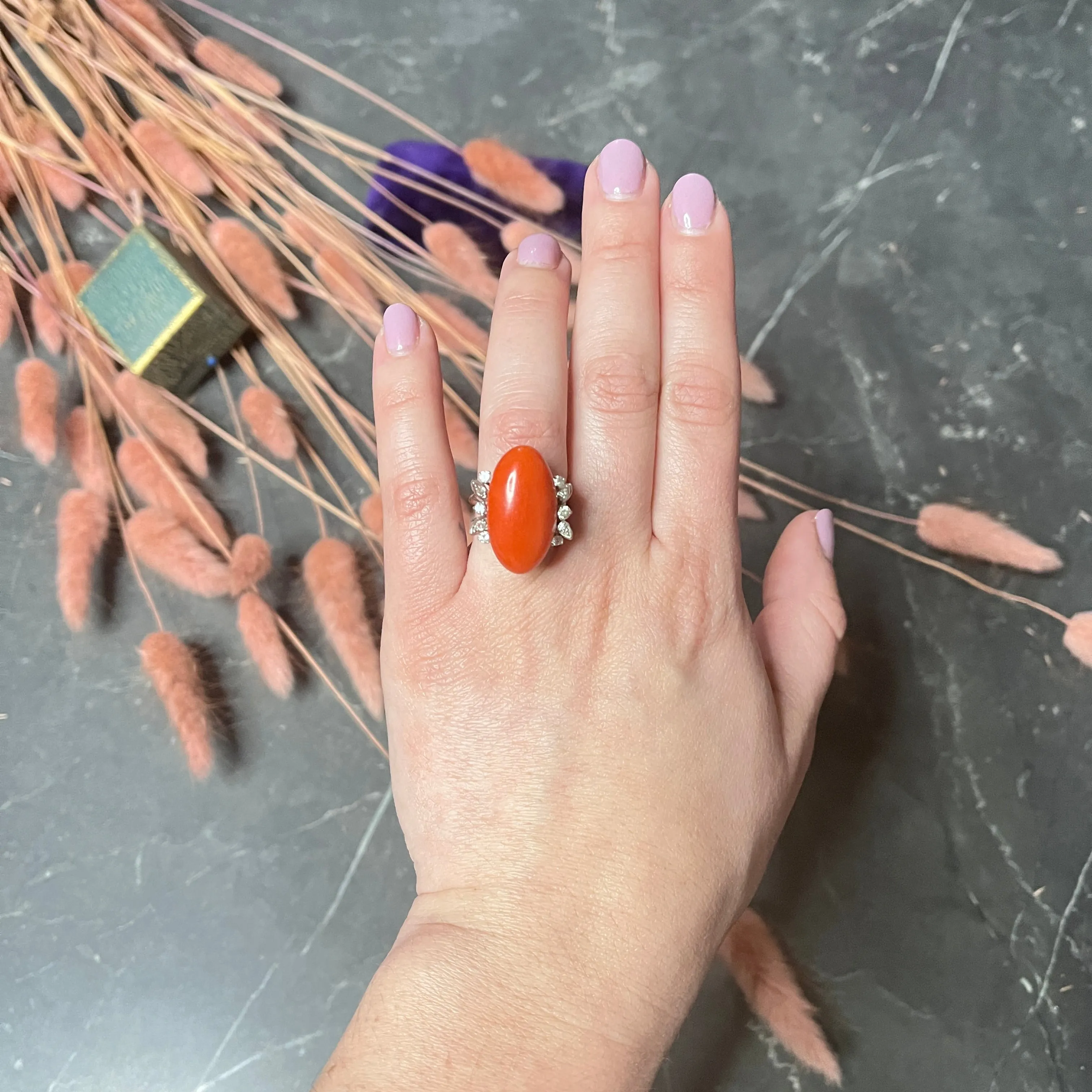 1950's Mid-Century Red Coral Diamond 18 Karat White Gold Cocktail Ring