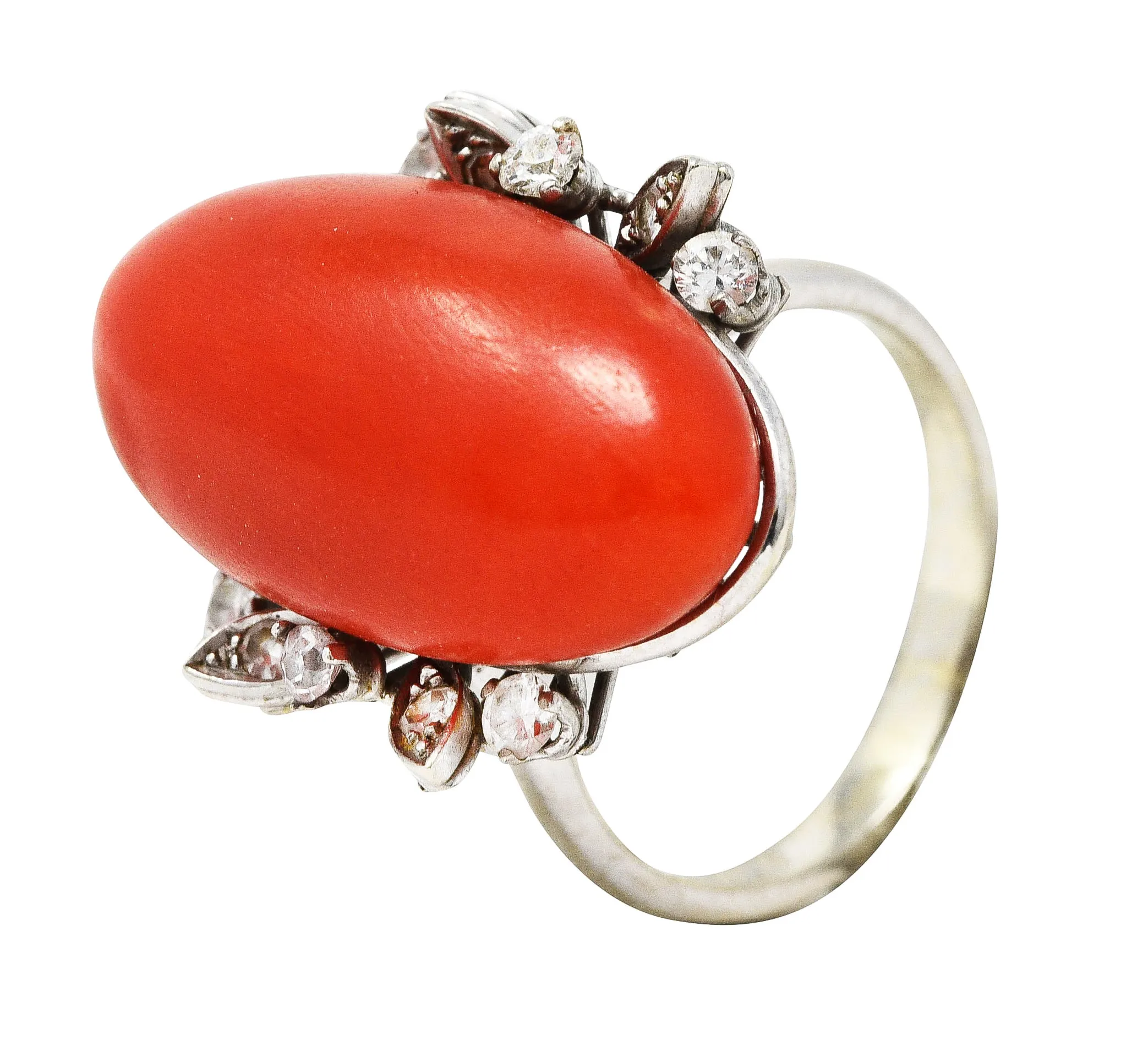 1950's Mid-Century Red Coral Diamond 18 Karat White Gold Cocktail Ring