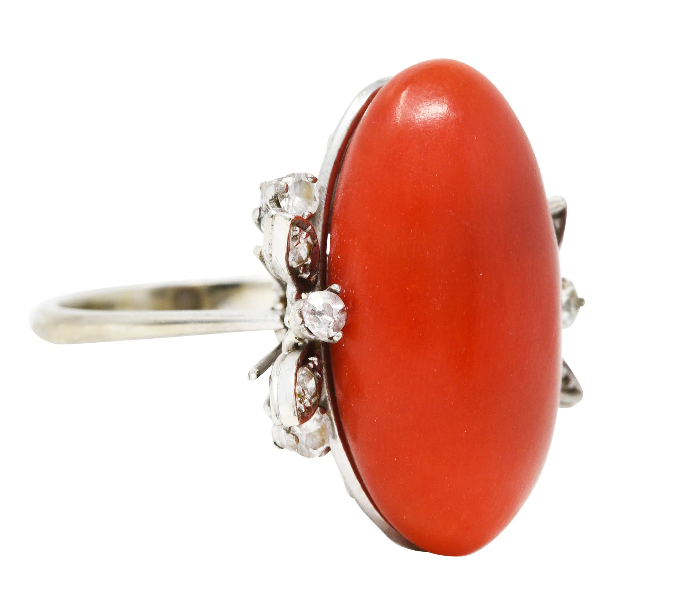 1950's Mid-Century Red Coral Diamond 18 Karat White Gold Cocktail Ring