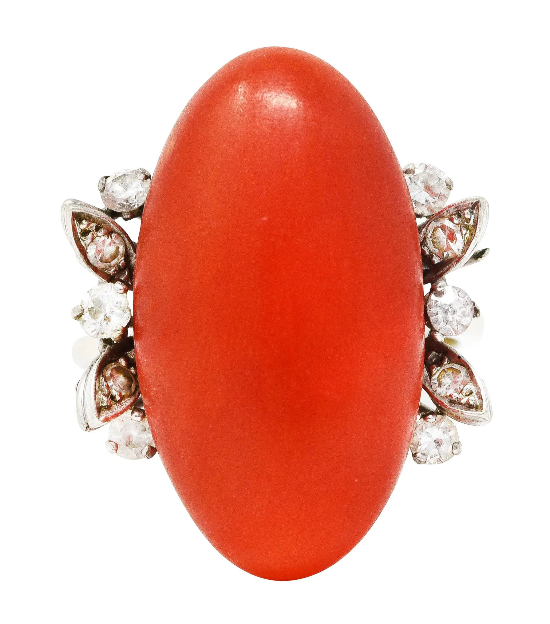 1950's Mid-Century Red Coral Diamond 18 Karat White Gold Cocktail Ring