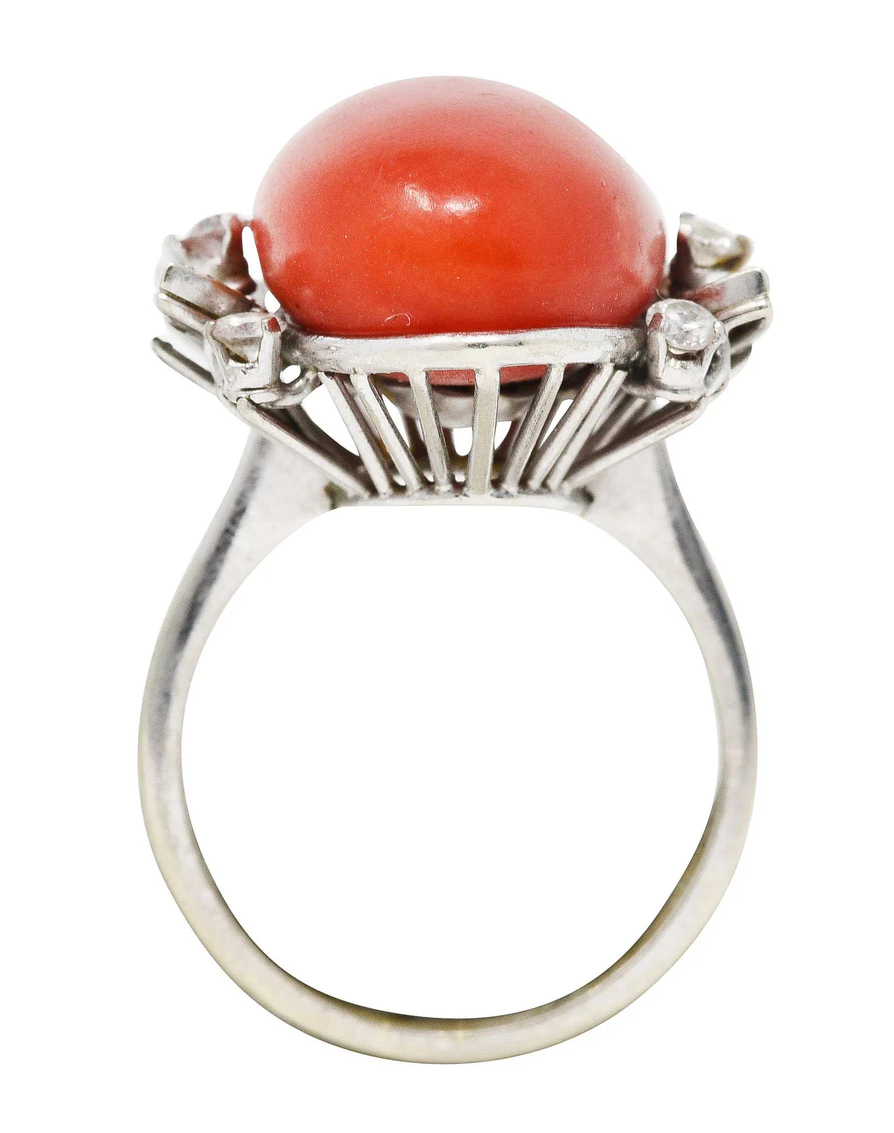 1950's Mid-Century Red Coral Diamond 18 Karat White Gold Cocktail Ring