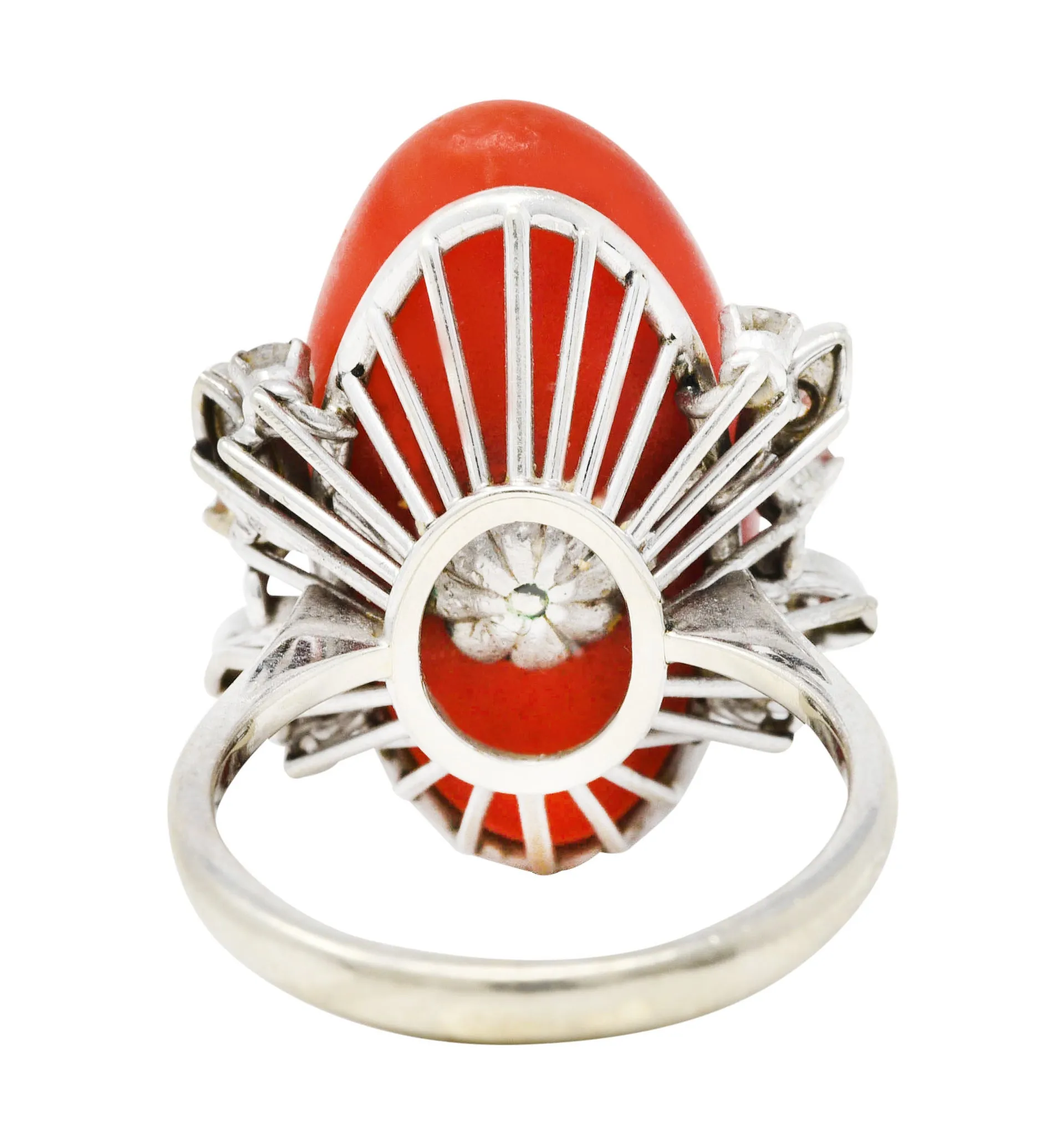 1950's Mid-Century Red Coral Diamond 18 Karat White Gold Cocktail Ring