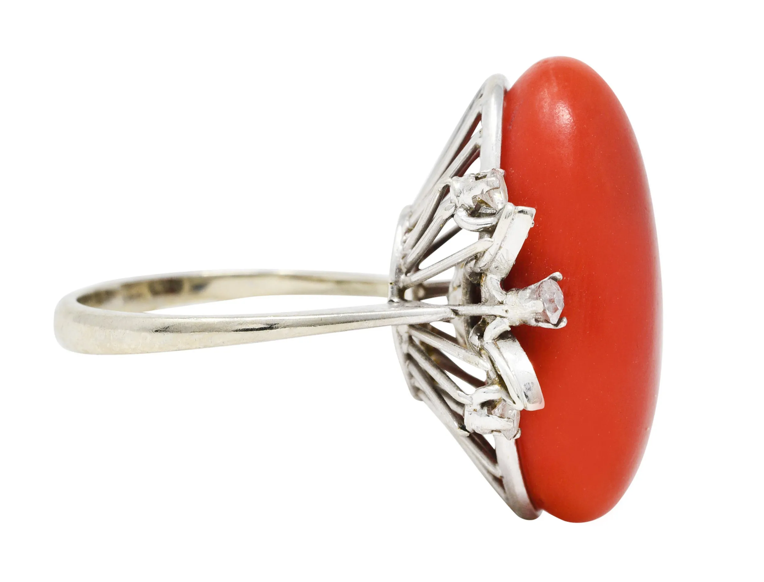 1950's Mid-Century Red Coral Diamond 18 Karat White Gold Cocktail Ring