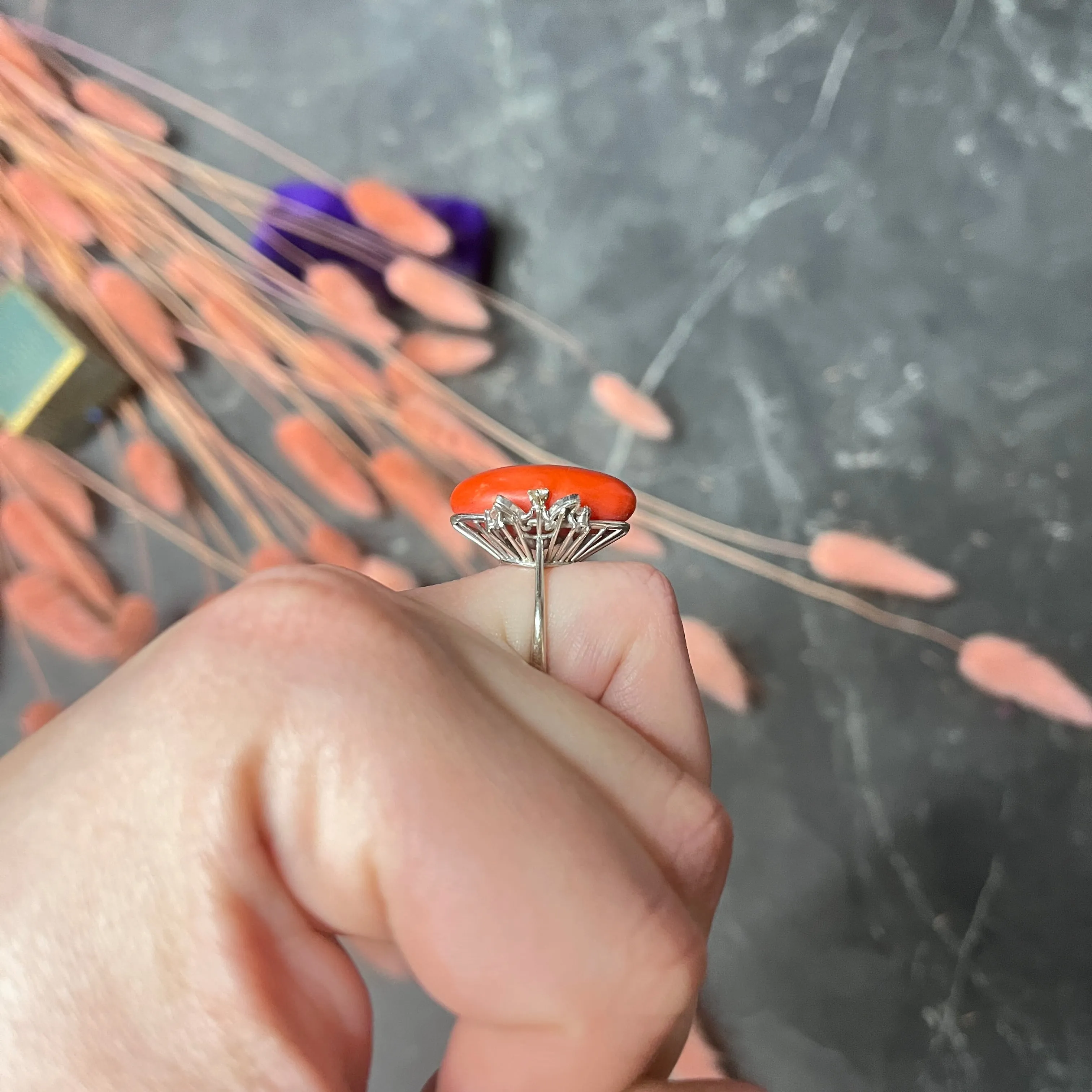 1950's Mid-Century Red Coral Diamond 18 Karat White Gold Cocktail Ring