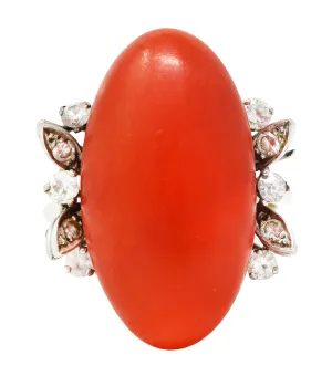 1950's Mid-Century Red Coral Diamond 18 Karat White Gold Cocktail Ring
