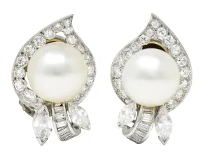 1950's Mid-Century South Sea Pearl 3.00 CTW Diamond Platinum Vintage Ear-Clip Earrings