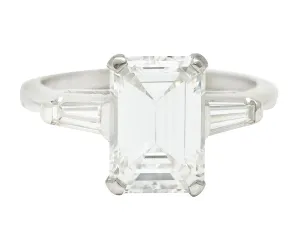 1960's 2.30 CTW Emerald Cut Diamond Platinum Vintage Engagement Ring GIA