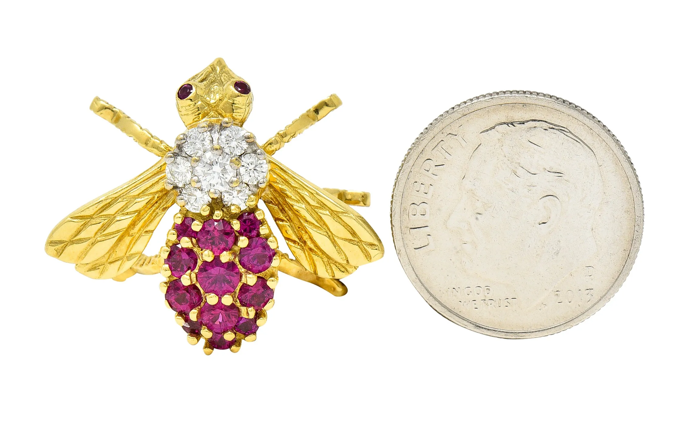 1960's Herbert Rosenthal 1.00 CTW Ruby Diamond 18 Karat Yellow Gold Vintage Bug Brooch