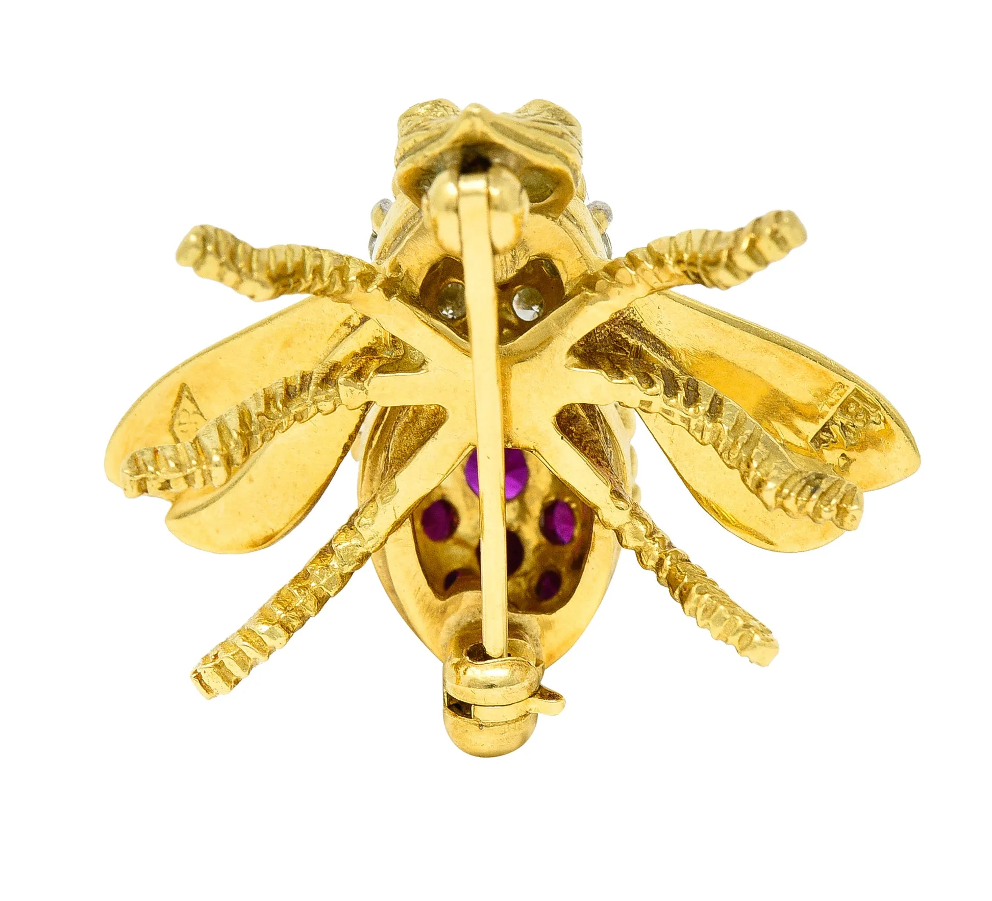 1960's Herbert Rosenthal 1.00 CTW Ruby Diamond 18 Karat Yellow Gold Vintage Bug Brooch