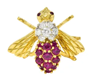 1960's Herbert Rosenthal 1.00 CTW Ruby Diamond 18 Karat Yellow Gold Vintage Bug Brooch