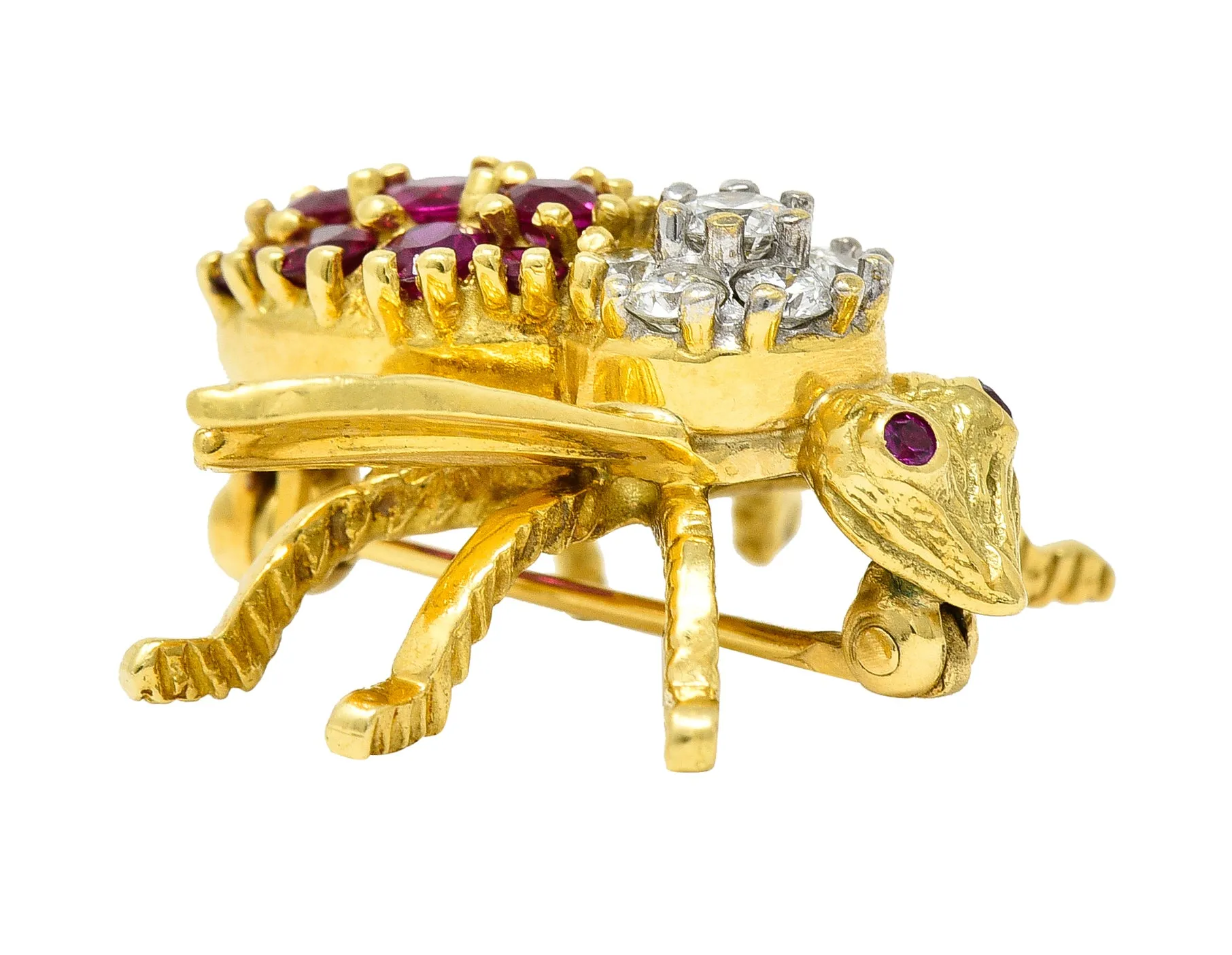1960's Herbert Rosenthal 1.00 CTW Ruby Diamond 18 Karat Yellow Gold Vintage Bug Brooch
