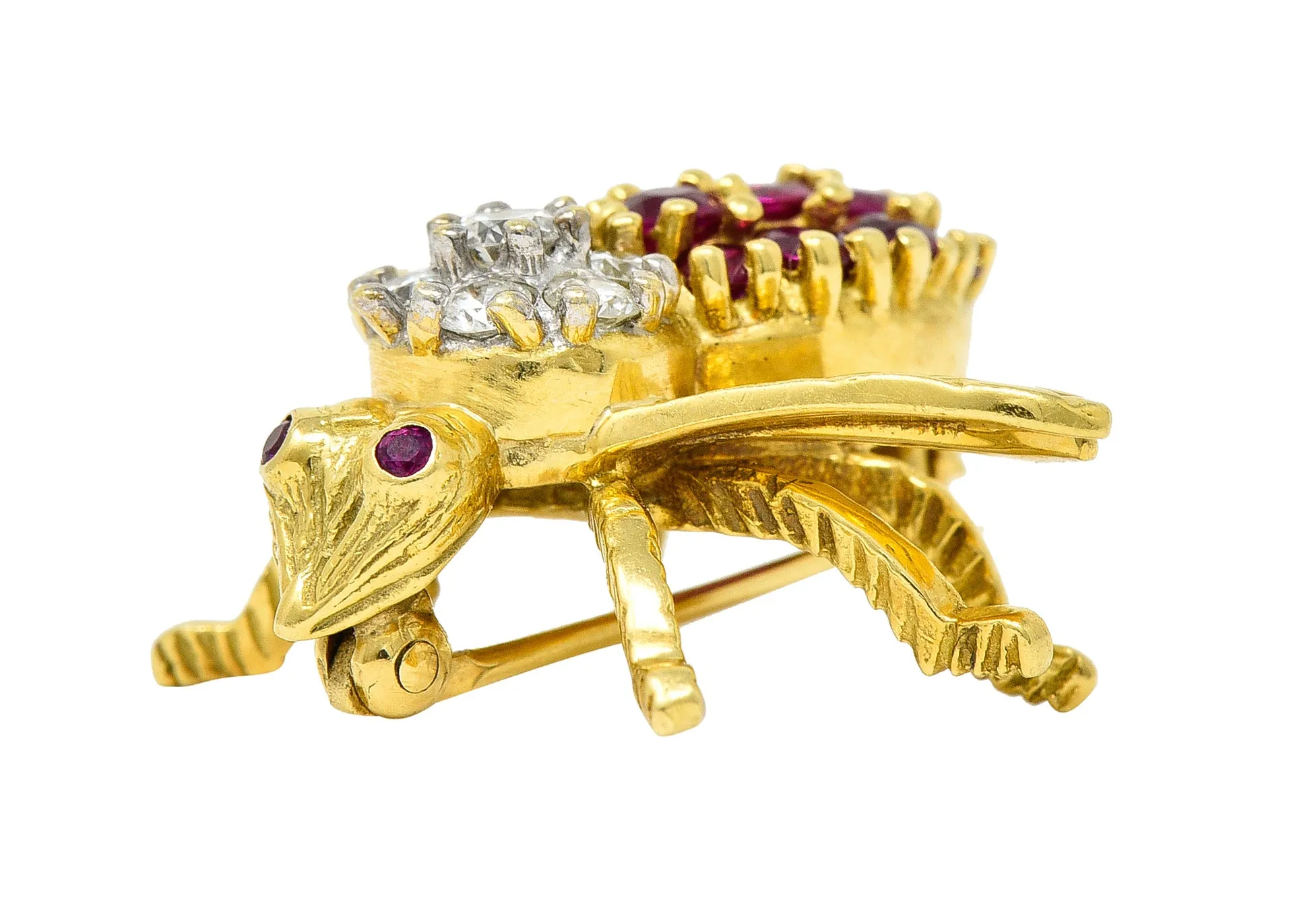 1960's Herbert Rosenthal 1.00 CTW Ruby Diamond 18 Karat Yellow Gold Vintage Bug Brooch