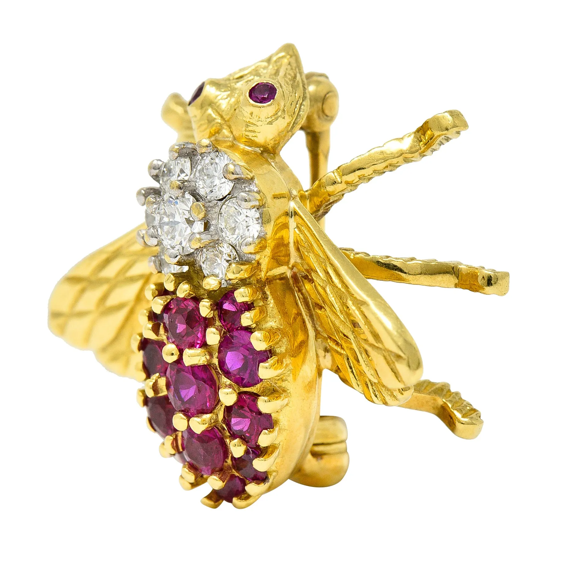 1960's Herbert Rosenthal 1.00 CTW Ruby Diamond 18 Karat Yellow Gold Vintage Bug Brooch