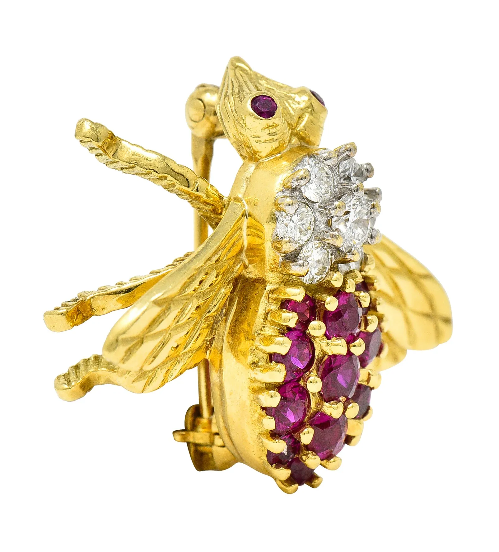 1960's Herbert Rosenthal 1.00 CTW Ruby Diamond 18 Karat Yellow Gold Vintage Bug Brooch