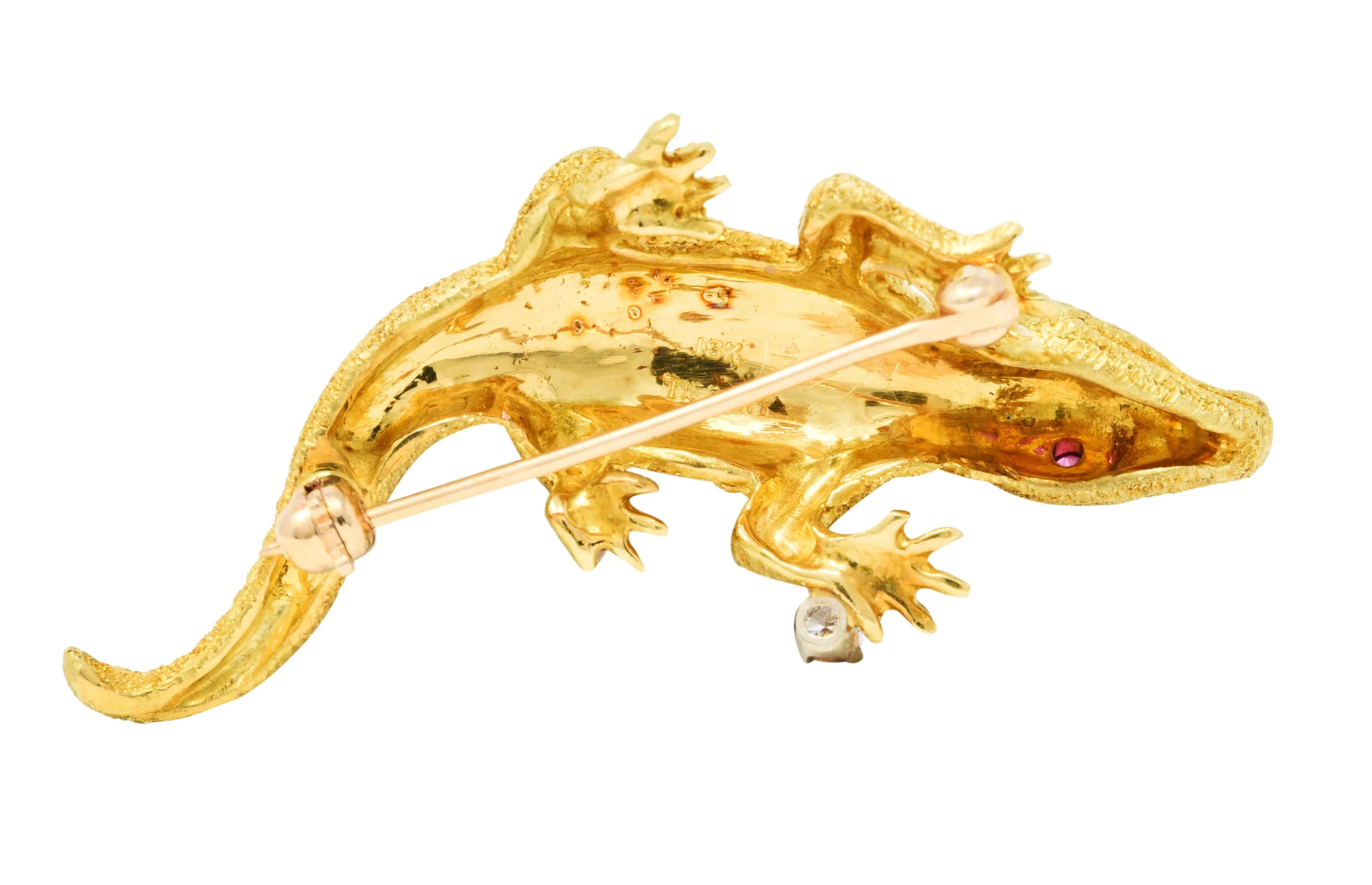 1970's Tiffany & Co. Diamond Ruby 18 Karat Gold Alligator Brooch