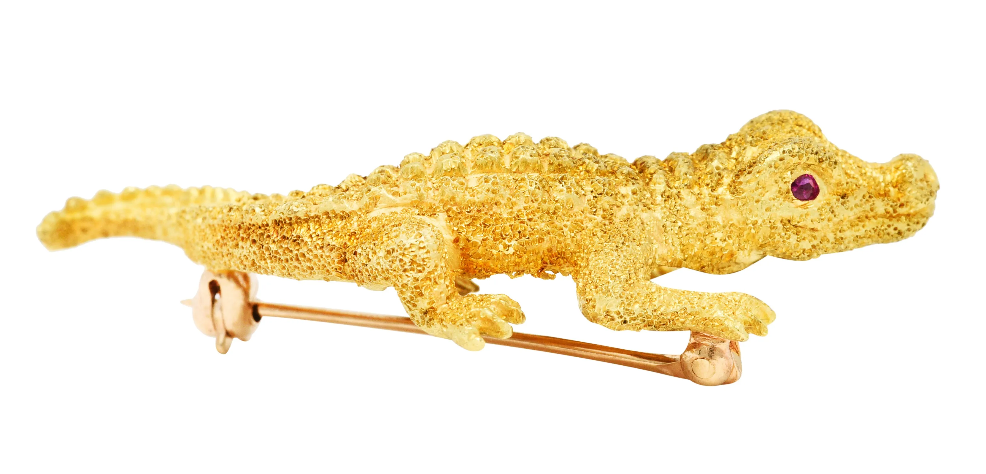 1970's Tiffany & Co. Diamond Ruby 18 Karat Gold Alligator Brooch