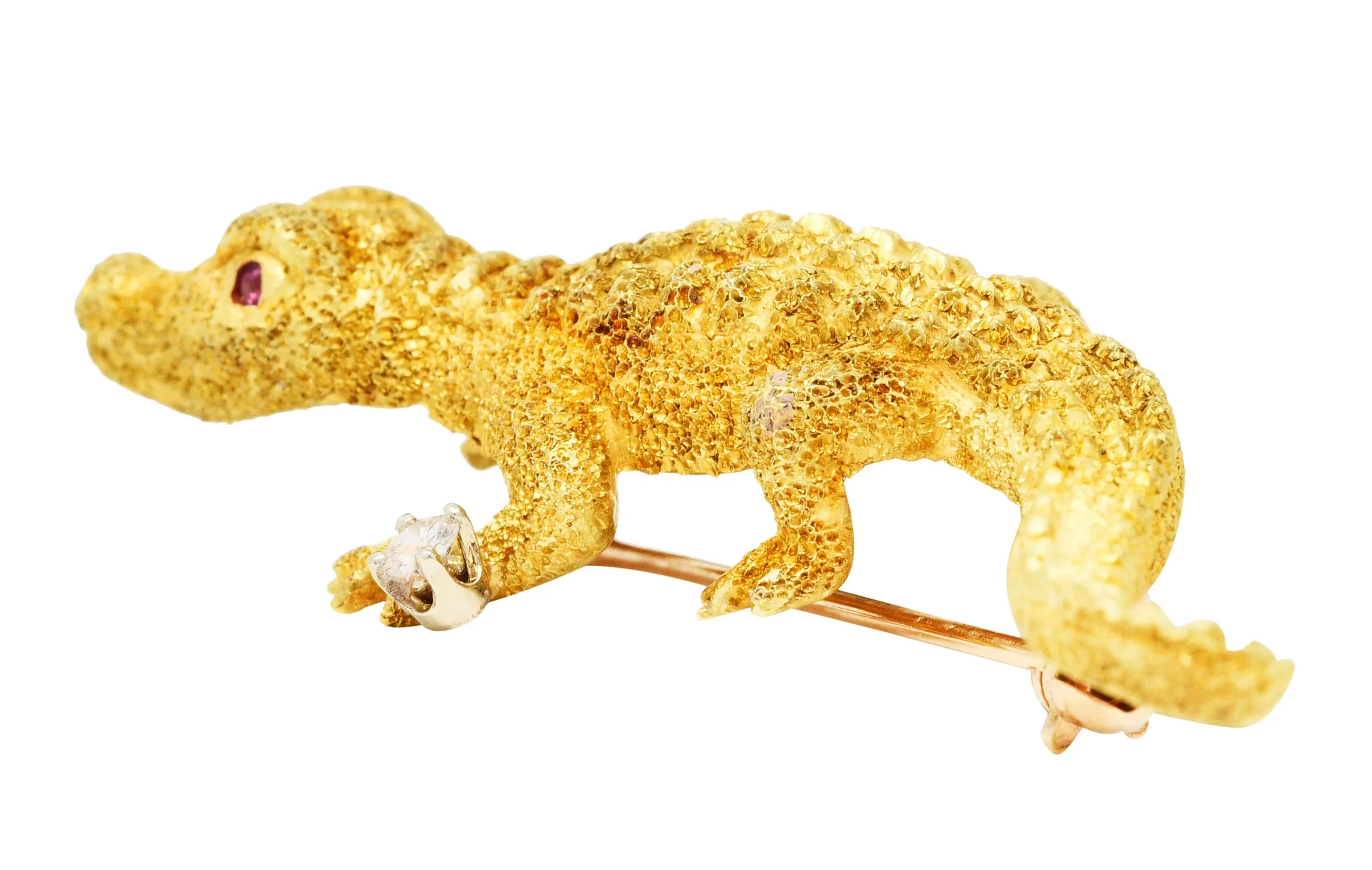 1970's Tiffany & Co. Diamond Ruby 18 Karat Gold Alligator Brooch