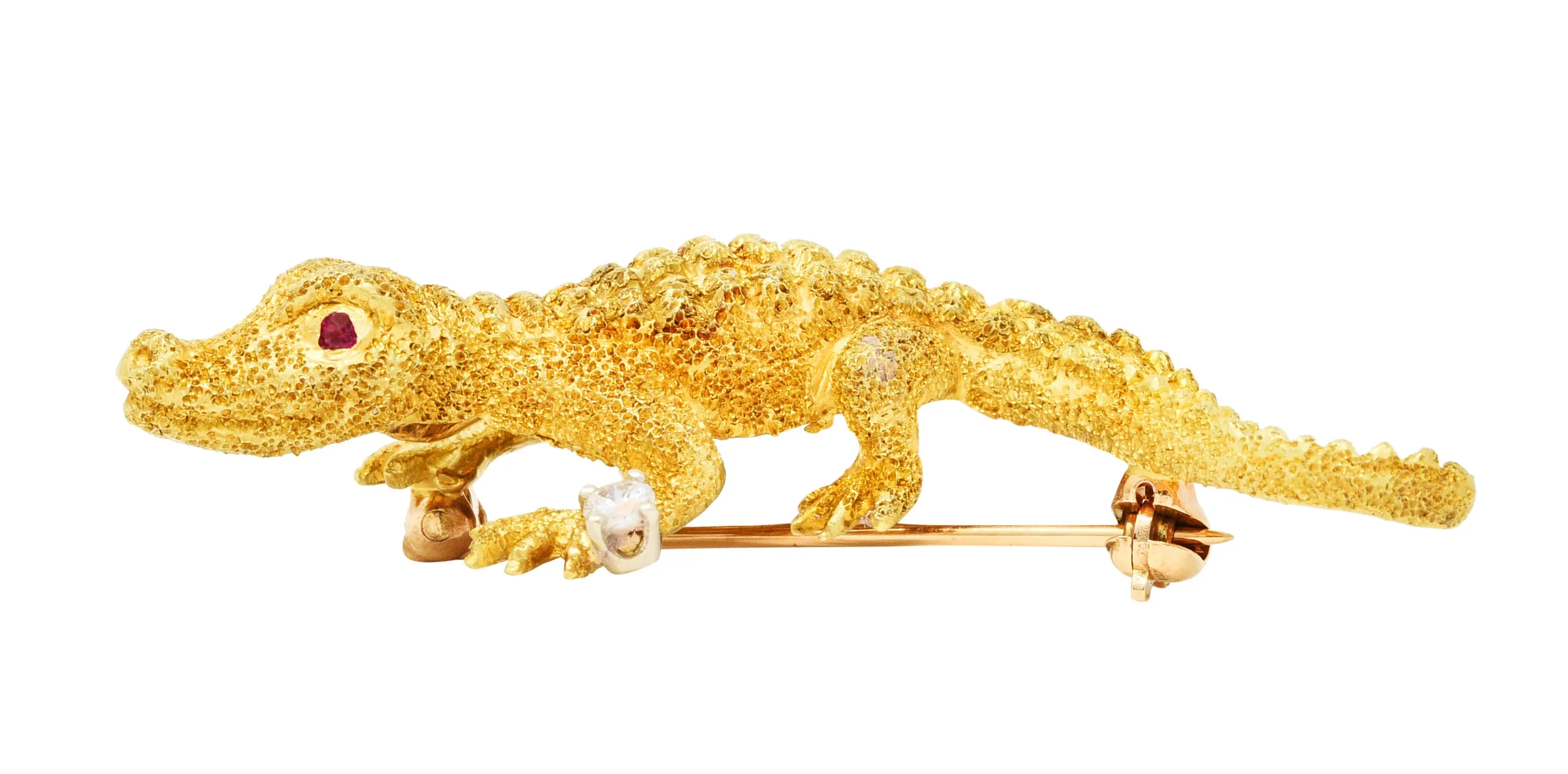 1970's Tiffany & Co. Diamond Ruby 18 Karat Gold Alligator Brooch