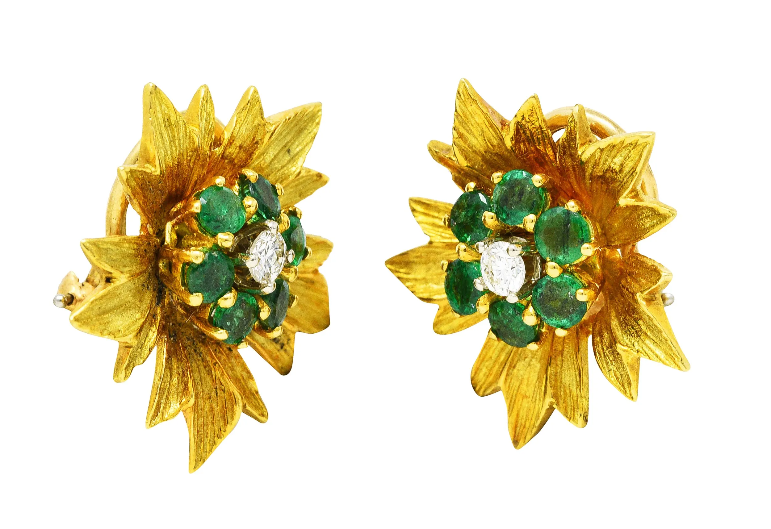 1970's Vintage Emerald Diamond 18 Karat Yellow Gold Flower Ear-Clip Earrings