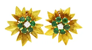 1970's Vintage Emerald Diamond 18 Karat Yellow Gold Flower Ear-Clip Earrings