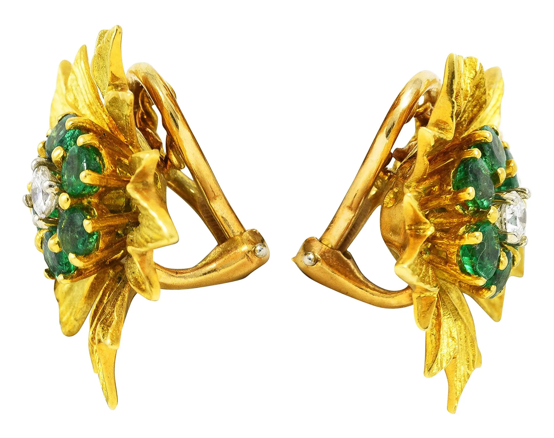 1970's Vintage Emerald Diamond 18 Karat Yellow Gold Flower Ear-Clip Earrings