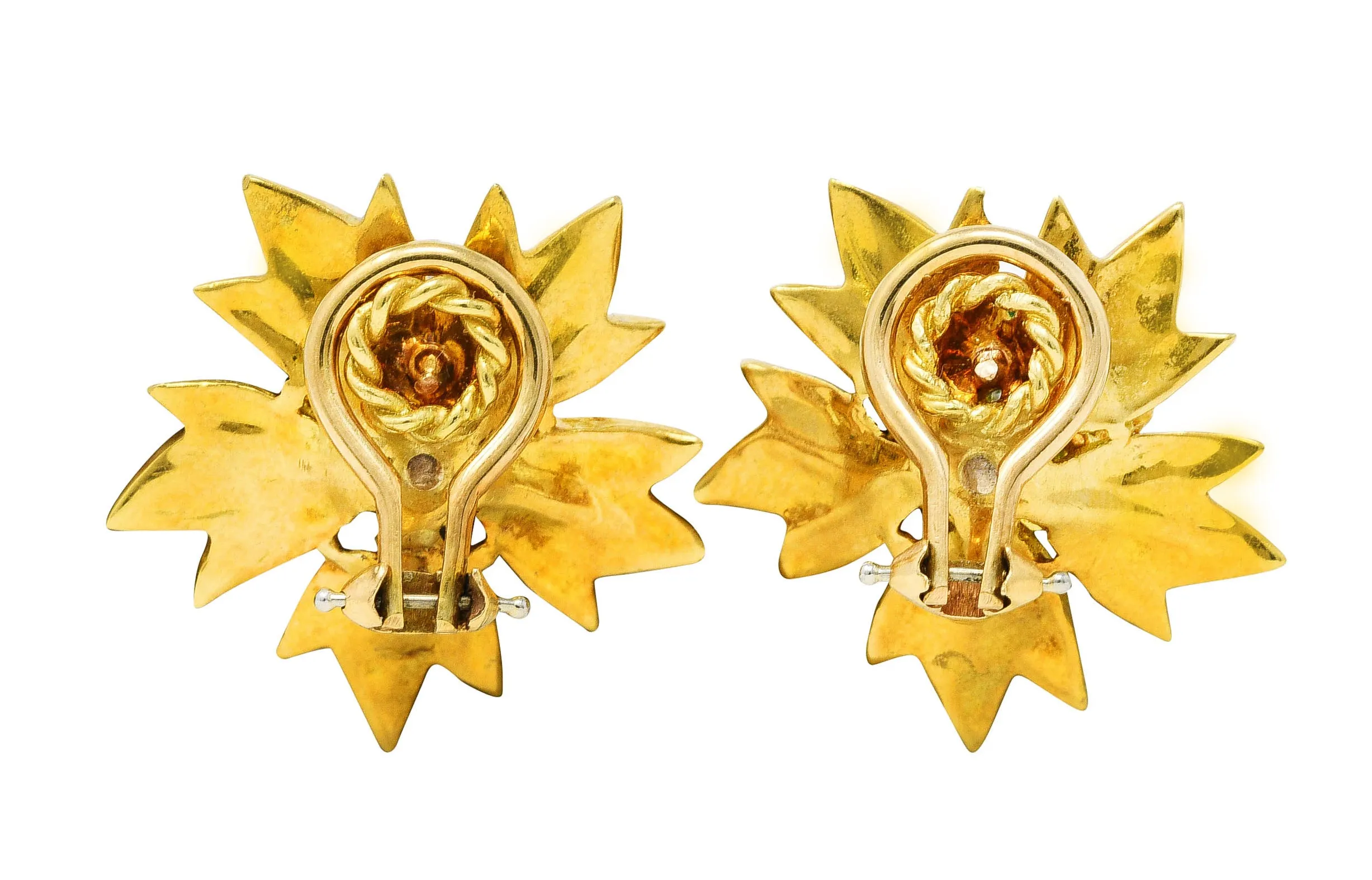 1970's Vintage Emerald Diamond 18 Karat Yellow Gold Flower Ear-Clip Earrings