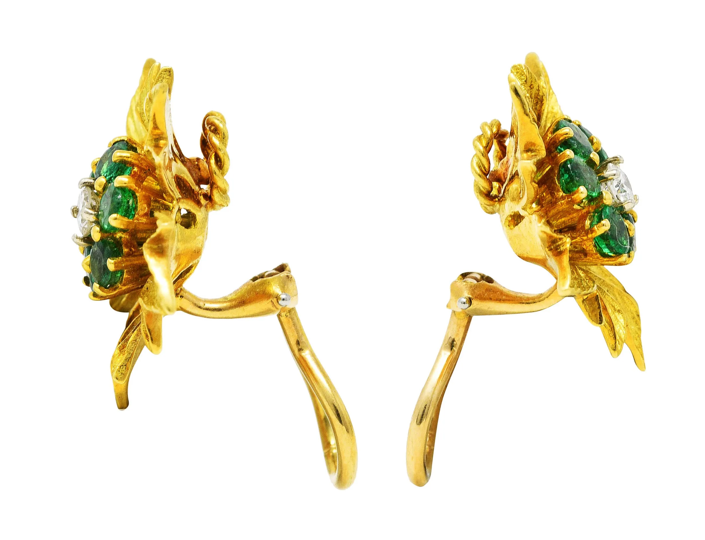 1970's Vintage Emerald Diamond 18 Karat Yellow Gold Flower Ear-Clip Earrings