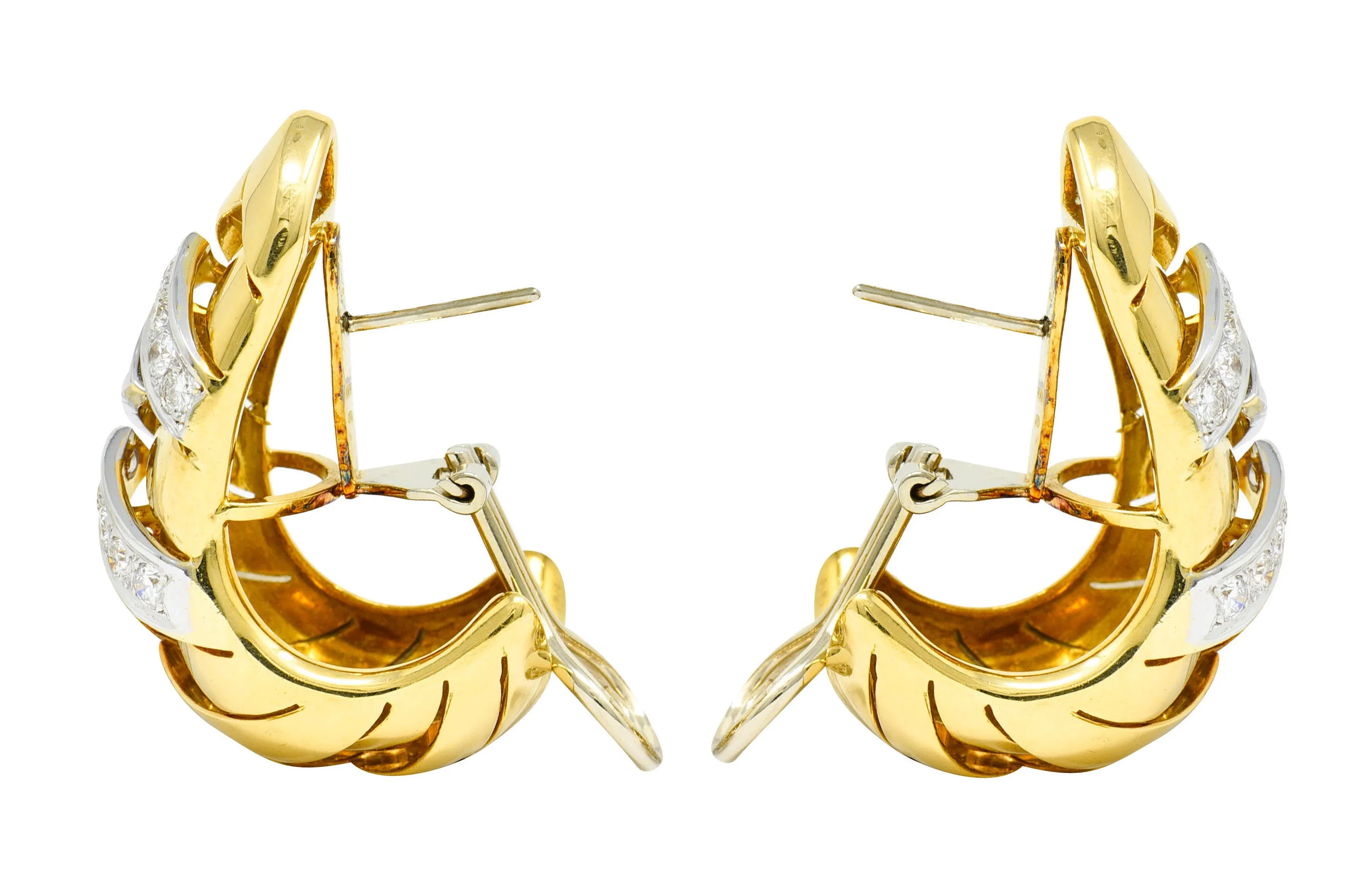 1970's Vintage Italian 2.08 CTW Diamond 18 Karat Two-Tone Gold Woven J Hoop Earrings