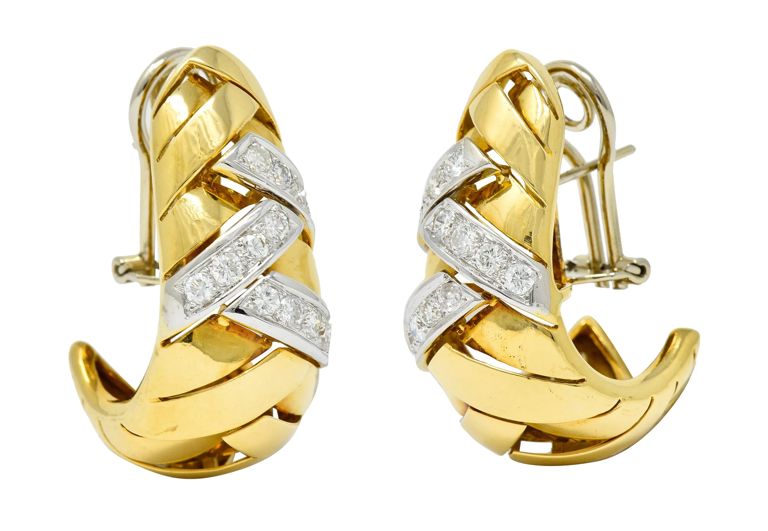 1970's Vintage Italian 2.08 CTW Diamond 18 Karat Two-Tone Gold Woven J Hoop Earrings