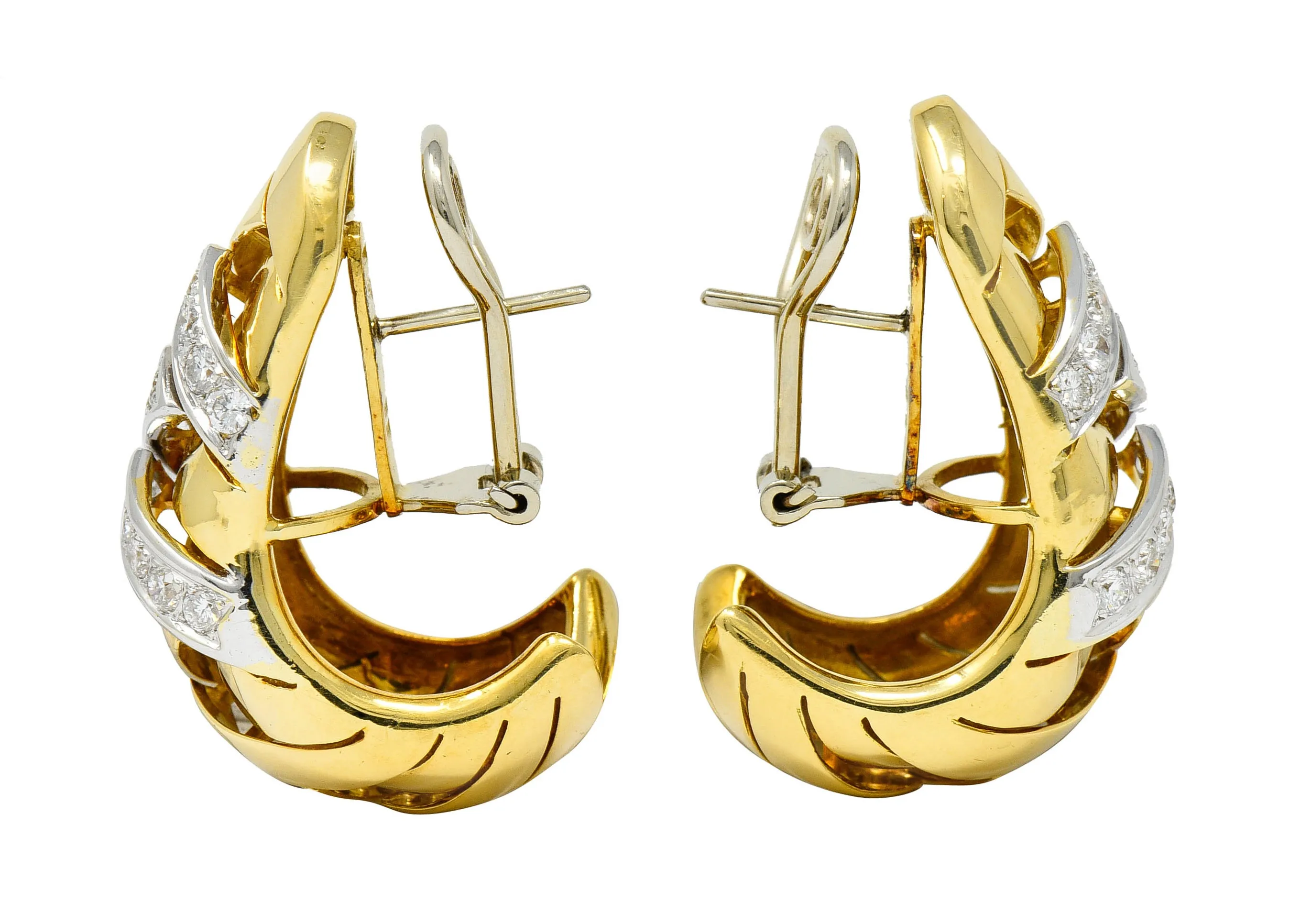 1970's Vintage Italian 2.08 CTW Diamond 18 Karat Two-Tone Gold Woven J Hoop Earrings