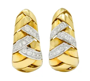 1970's Vintage Italian 2.08 CTW Diamond 18 Karat Two-Tone Gold Woven J Hoop Earrings