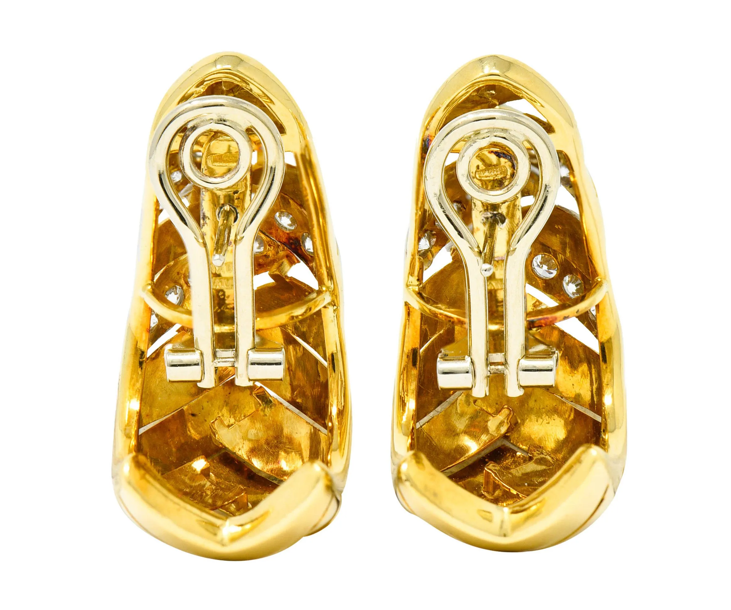 1970's Vintage Italian 2.08 CTW Diamond 18 Karat Two-Tone Gold Woven J Hoop Earrings