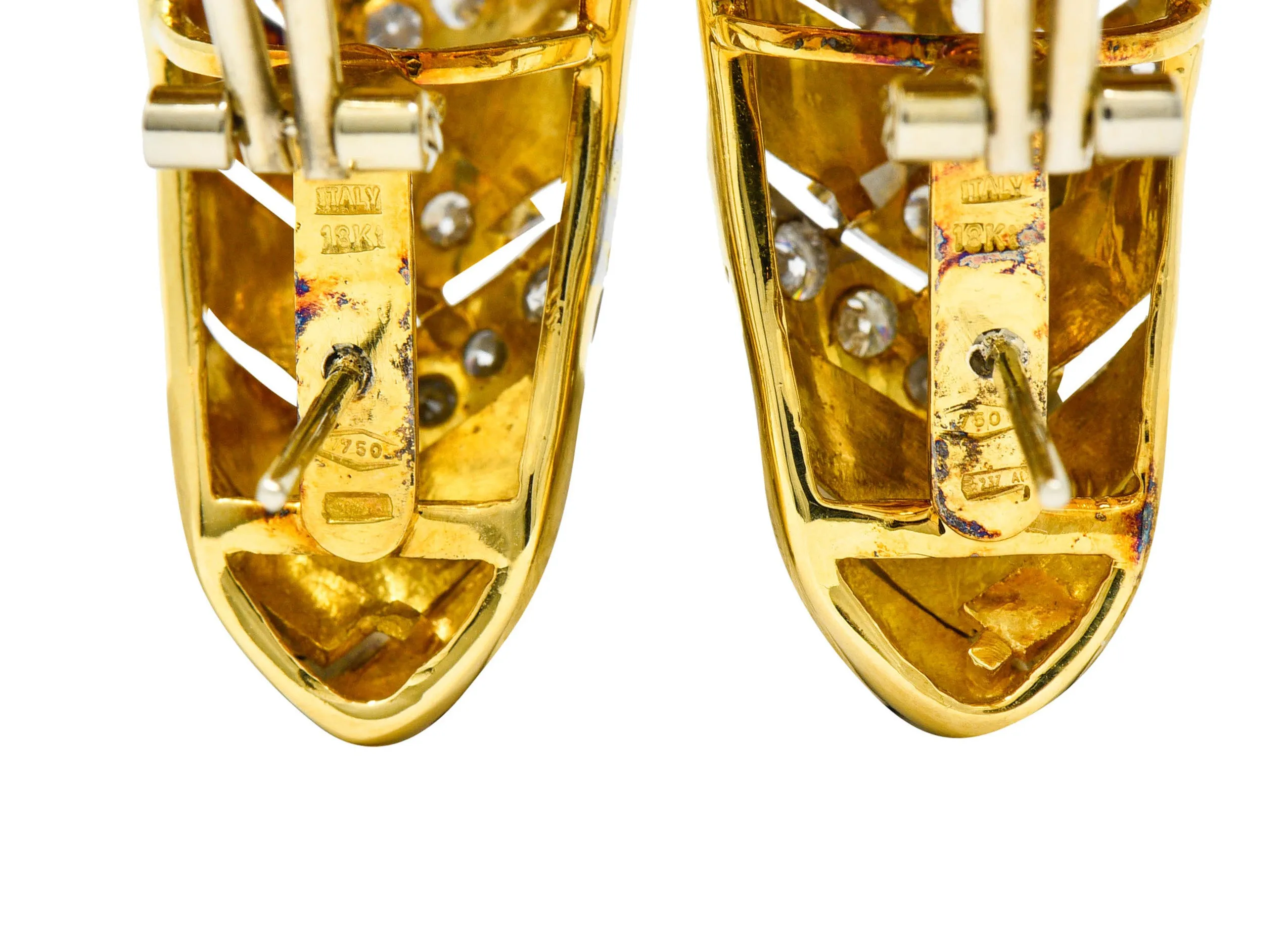 1970's Vintage Italian 2.08 CTW Diamond 18 Karat Two-Tone Gold Woven J Hoop Earrings