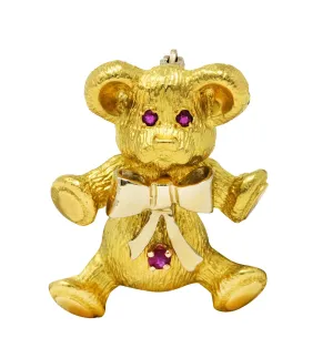 1970's Vintage Ruby 18 Karat Two-Tone Gold Teddy Bear Brooch