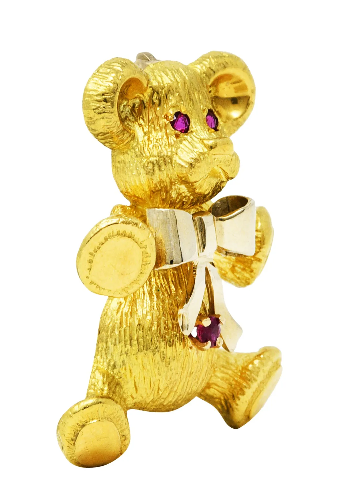 1970's Vintage Ruby 18 Karat Two-Tone Gold Teddy Bear Brooch