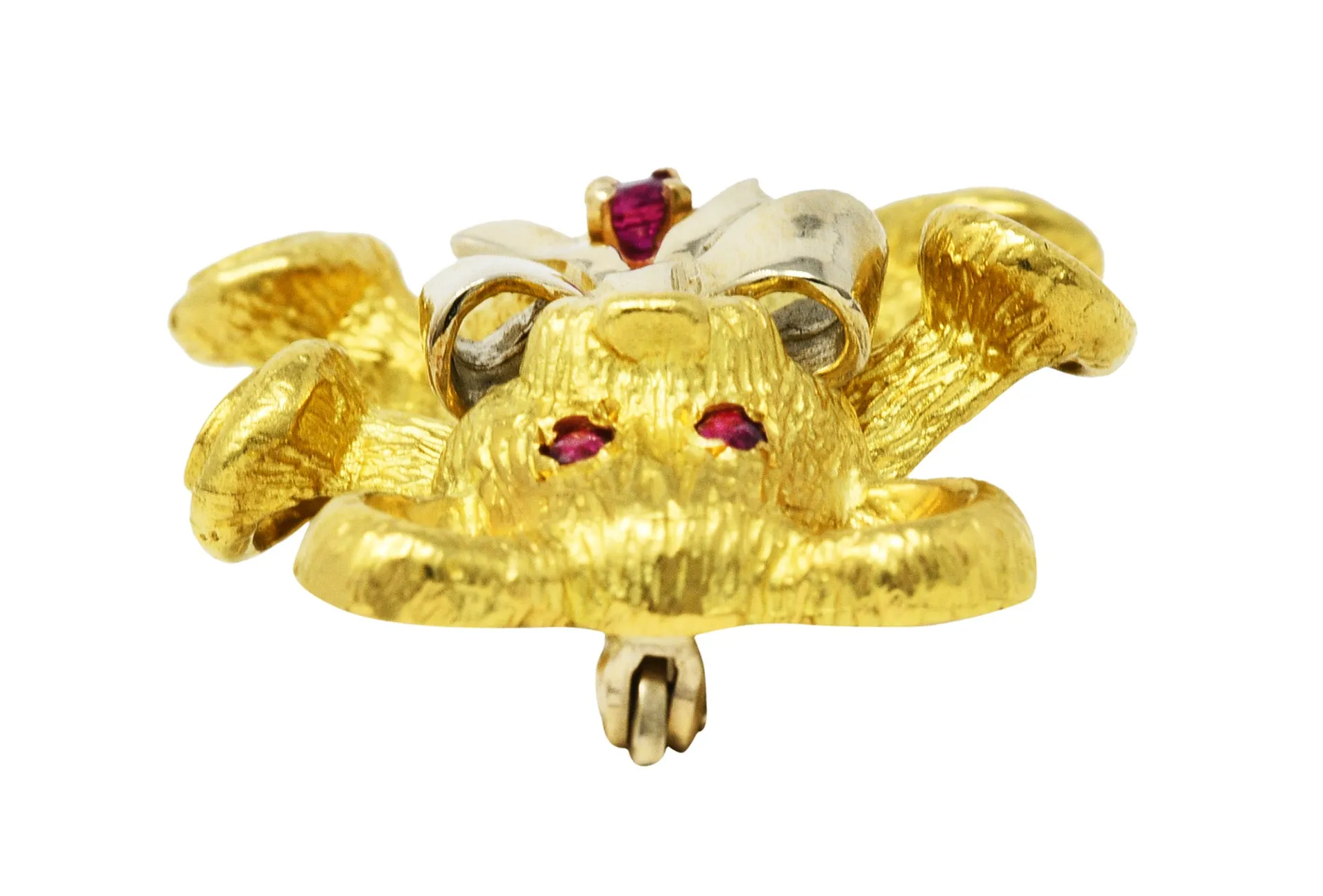 1970's Vintage Ruby 18 Karat Two-Tone Gold Teddy Bear Brooch