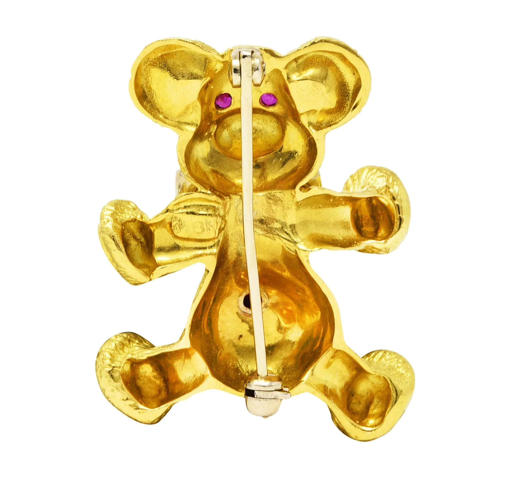1970's Vintage Ruby 18 Karat Two-Tone Gold Teddy Bear Brooch