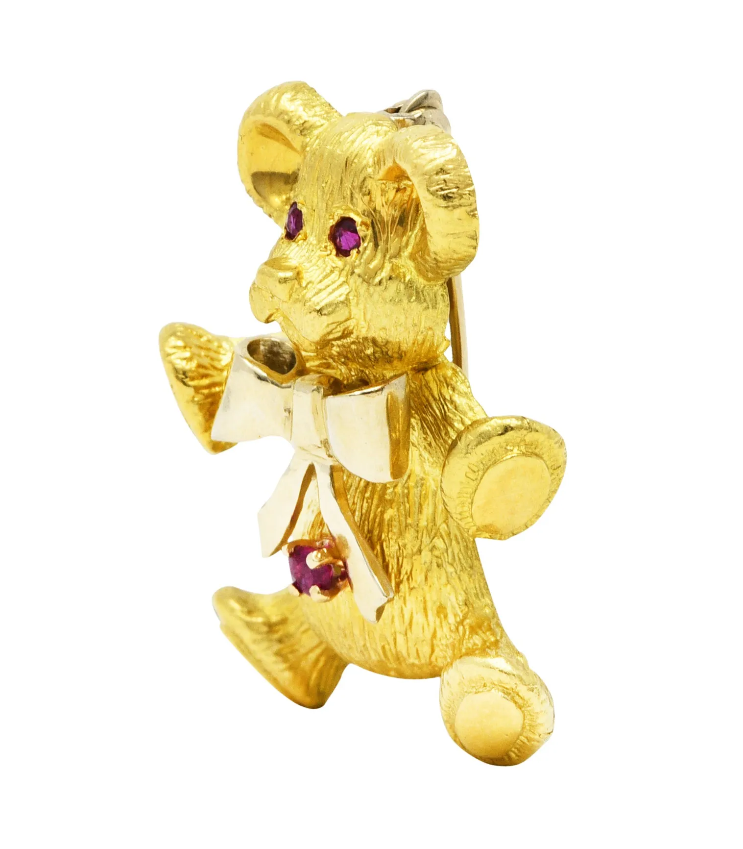 1970's Vintage Ruby 18 Karat Two-Tone Gold Teddy Bear Brooch