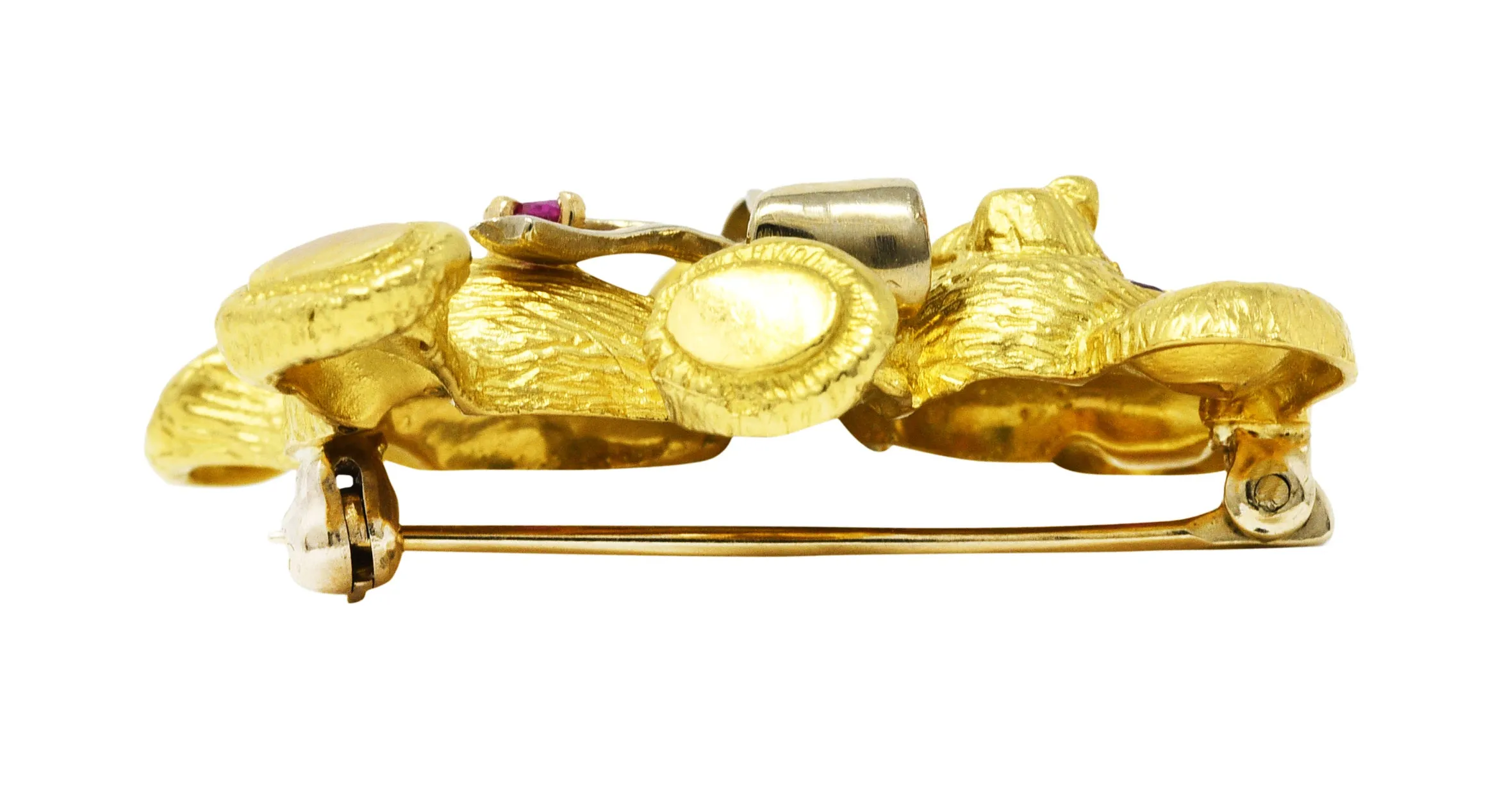 1970's Vintage Ruby 18 Karat Two-Tone Gold Teddy Bear Brooch