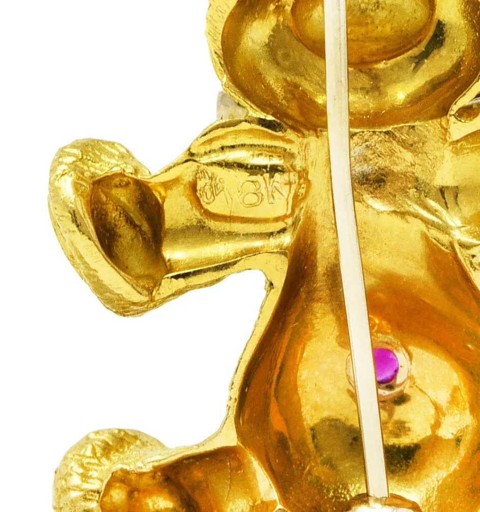 1970's Vintage Ruby 18 Karat Two-Tone Gold Teddy Bear Brooch