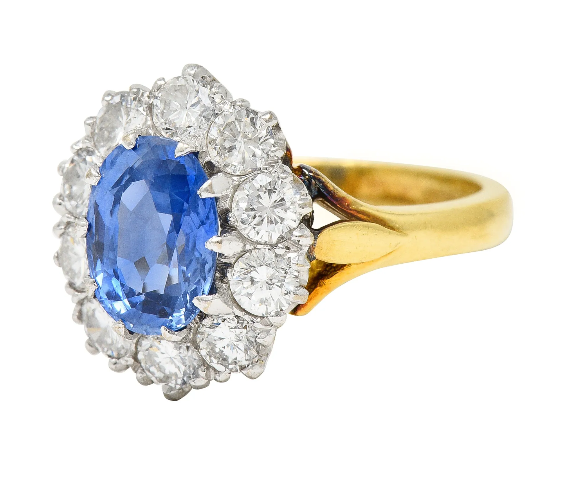 1980's 3.05 CTW Oval Cut No Heat Ceylon Sapphire Diamond 18 Karat Two-Tone Gold Vintage Halo Ring GIA